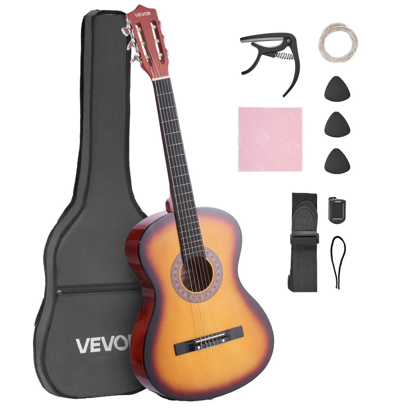 Classical Guitar, 38 Inch, Wood Classical Guitar Starter Kit for Beginners, with Nylon Strings, Gig Bag, Strap, Tuner, Extra String, Pick, Capo, Basswood, for Teenagers Adults Students, Sunburst
