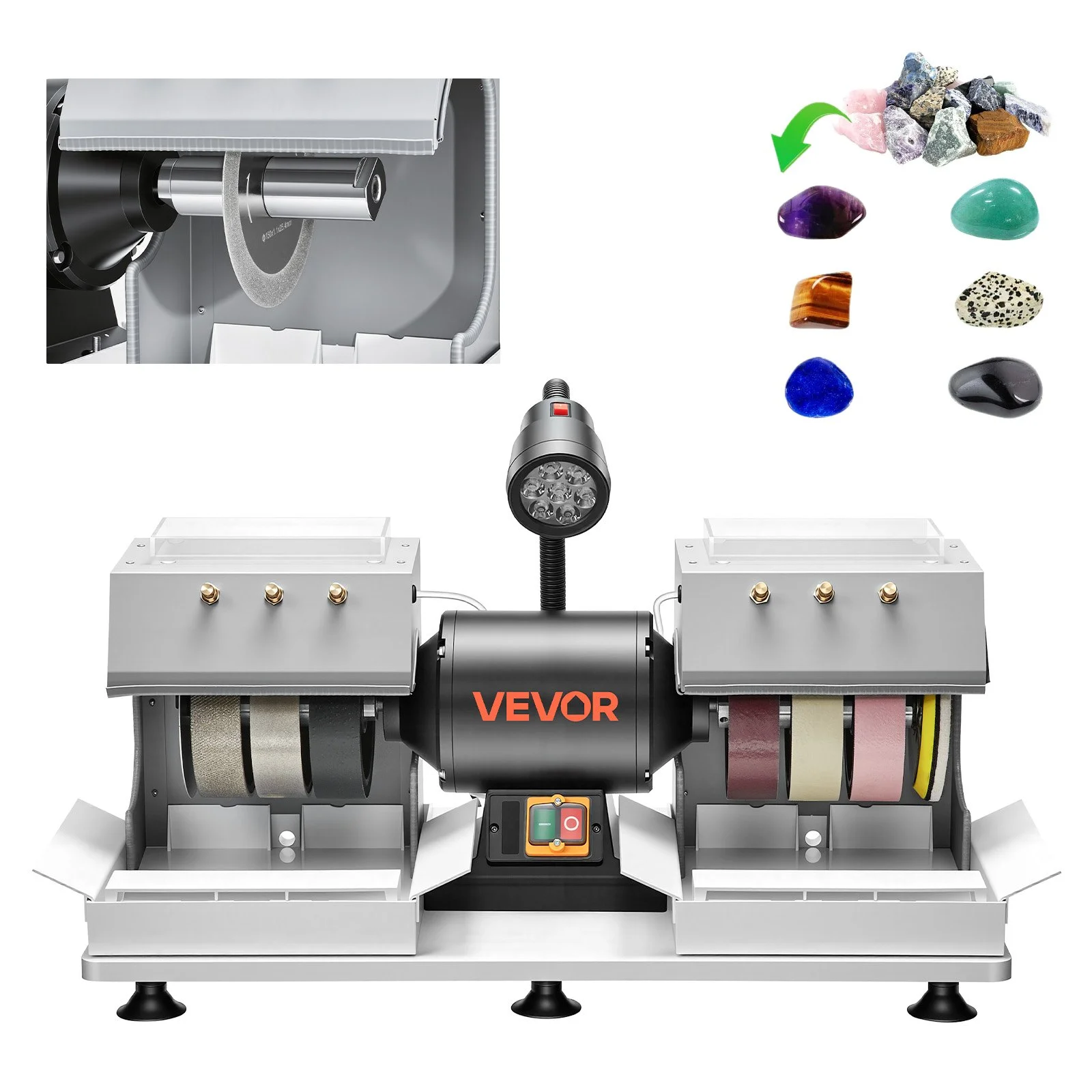 Cabbing Machine, 6" 2/5 HP 1800 RPM Efficient, Lapidary Rock Grinder Polisher With Diamond and Resin Wheels, LED Lamp, Water System, Lapidary Equipment for Gemstone Grinding, Stone Polishing