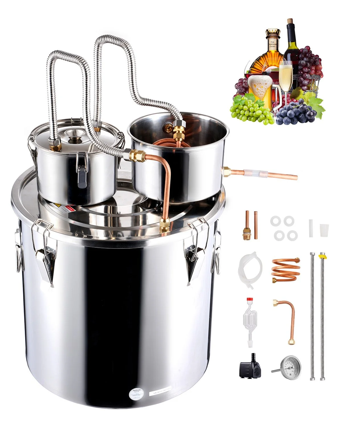 Alcohol Still, 13.2 Gal / 50 L Stainless Steel Water Alcohol Distiller with Copper Coil for Fast Cooling, Dual Condenser Distiller Kit with Secondary Distillation, for Wine Whisky Brandy, Silver