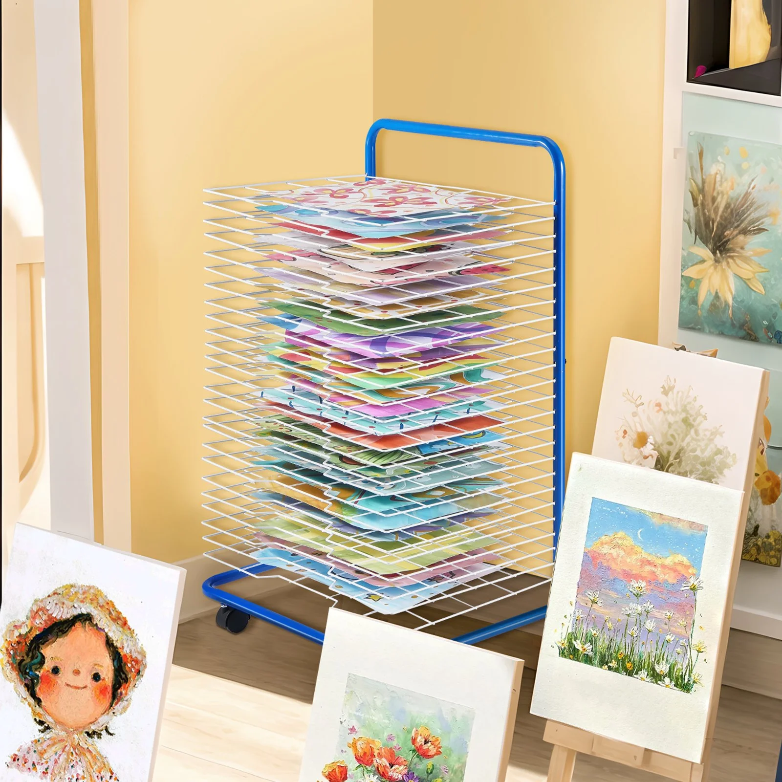 Art Drying Rack, 25 Removable Shelves 23.75 x 17.5 x 38 inch Paint Drying Rack With Lockable Wheels, Carbon Steel Painting Drying Rack for Artwork in Classroom, Art Studios, Schools, Blue+White - Image 3