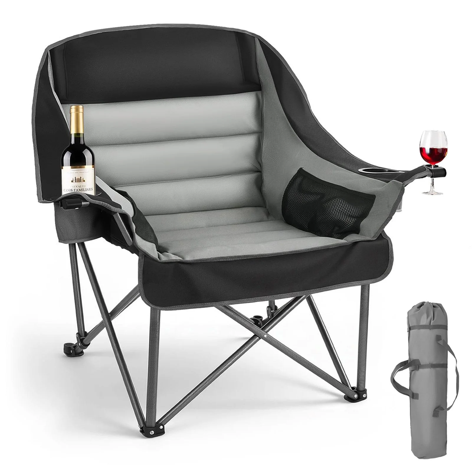 Oversized Camping Chairs, 450 lbs Heavy Duty Support, Portable Padded Folding Camp Chairs with Dual Cup Holders & Wine Glass Holders, Carry Bag for Outdoor, Fishing, Black & Gray, 1 Pack
