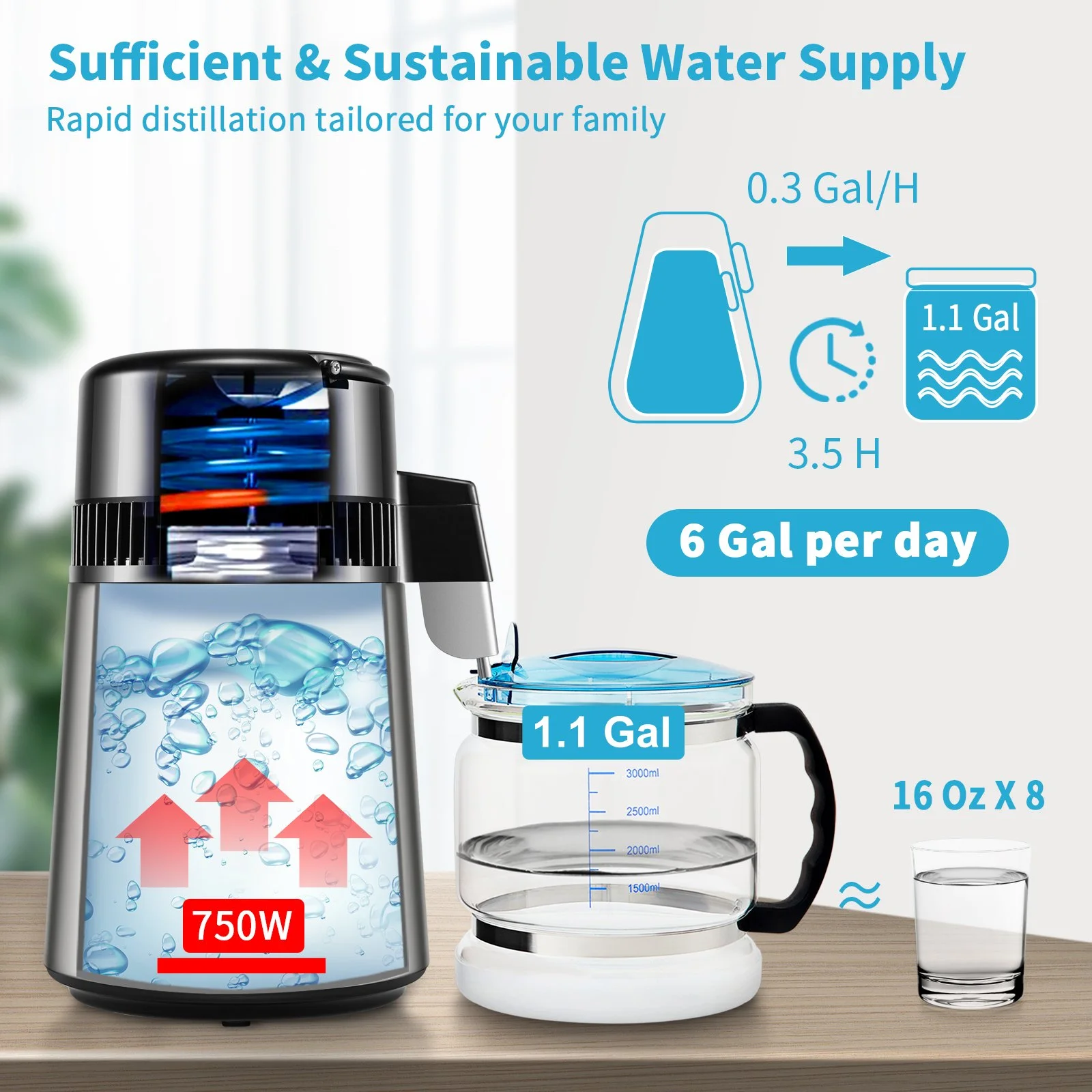1.1 Gal Water Distiller, 0.3 Gal/H, 750W Distilled Water Maker Machine 0-99H Timing Set Temp Display, 304 Stainless Steel Countertop Distiller Glass Carafe Cleaning Powder 3 Carbon Packs, Silver - Image 11