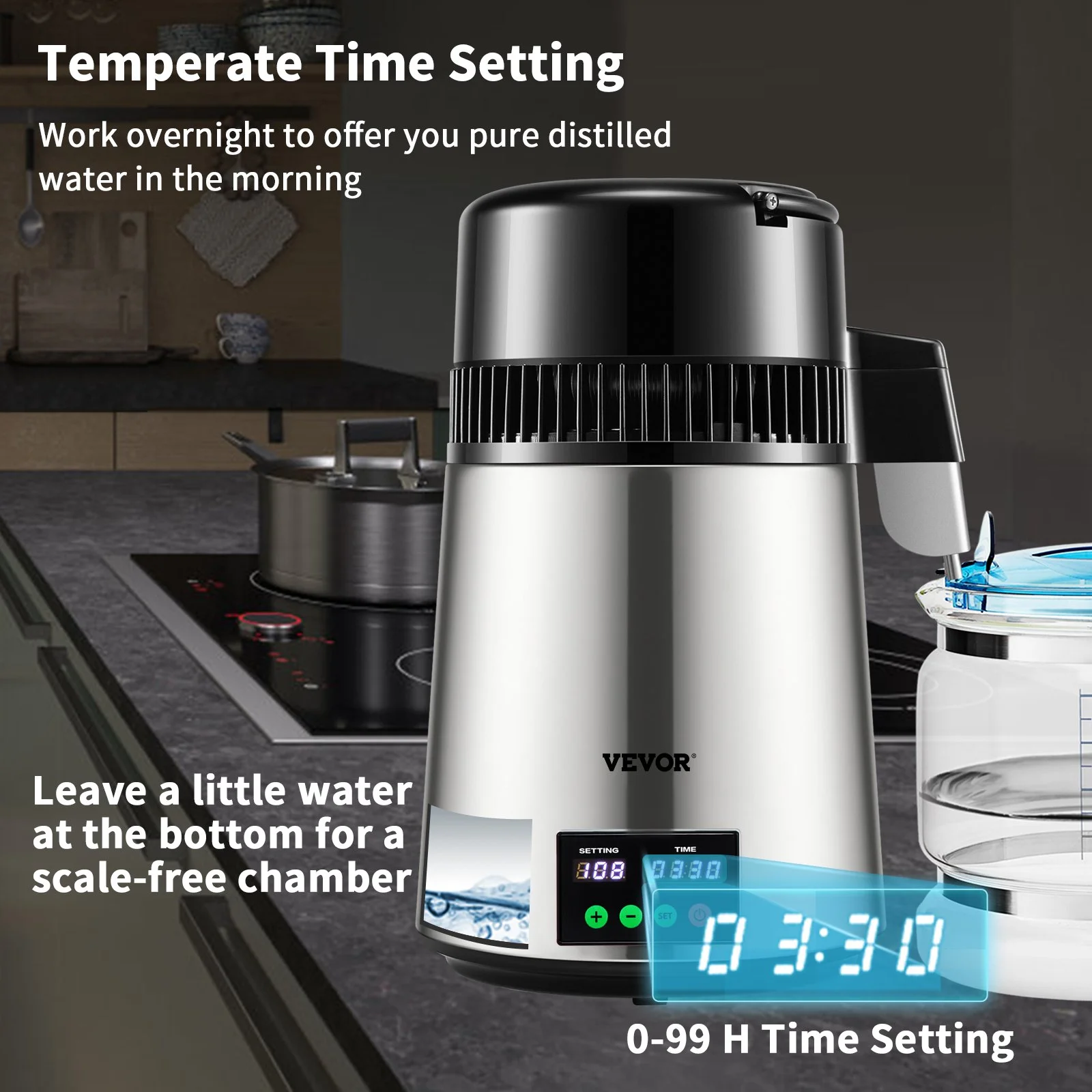 1.1 Gal Water Distiller, 0.3 Gal/H, 750W Distilled Water Maker Machine 0-99H Timing Set Temp Display, 304 Stainless Steel Countertop Distiller Glass Carafe Cleaning Powder 3 Carbon Packs, Silver - Image 12