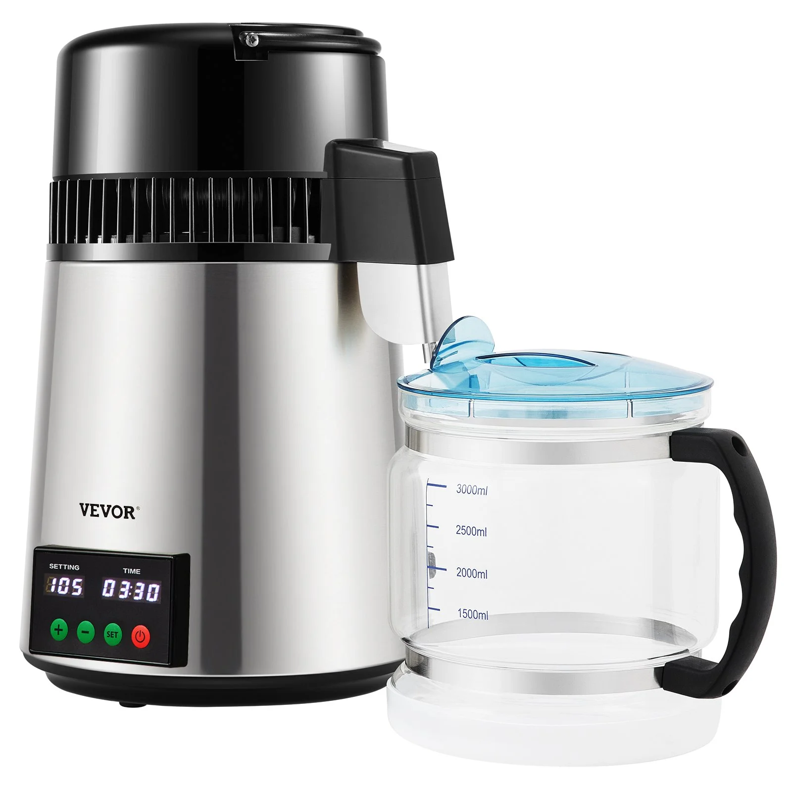 1.1 Gal Water Distiller, 0.3 Gal/H, 750W Distilled Water Maker Machine 0-99H Timing Set Temp Display, 304 Stainless Steel Countertop Distiller Glass Carafe Cleaning Powder 3 Carbon Packs, Silver - Image 6