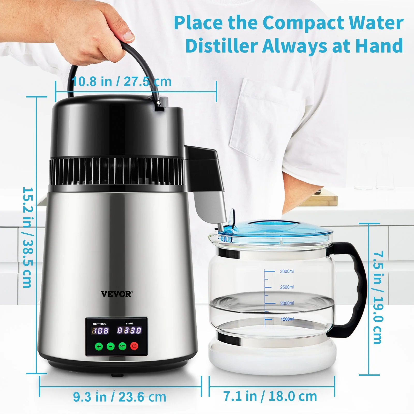 1.1 Gal Water Distiller, 0.3 Gal/H, 750W Distilled Water Maker Machine 0-99H Timing Set Temp Display, 304 Stainless Steel Countertop Distiller Glass Carafe Cleaning Powder 3 Carbon Packs, Silver - Image 4