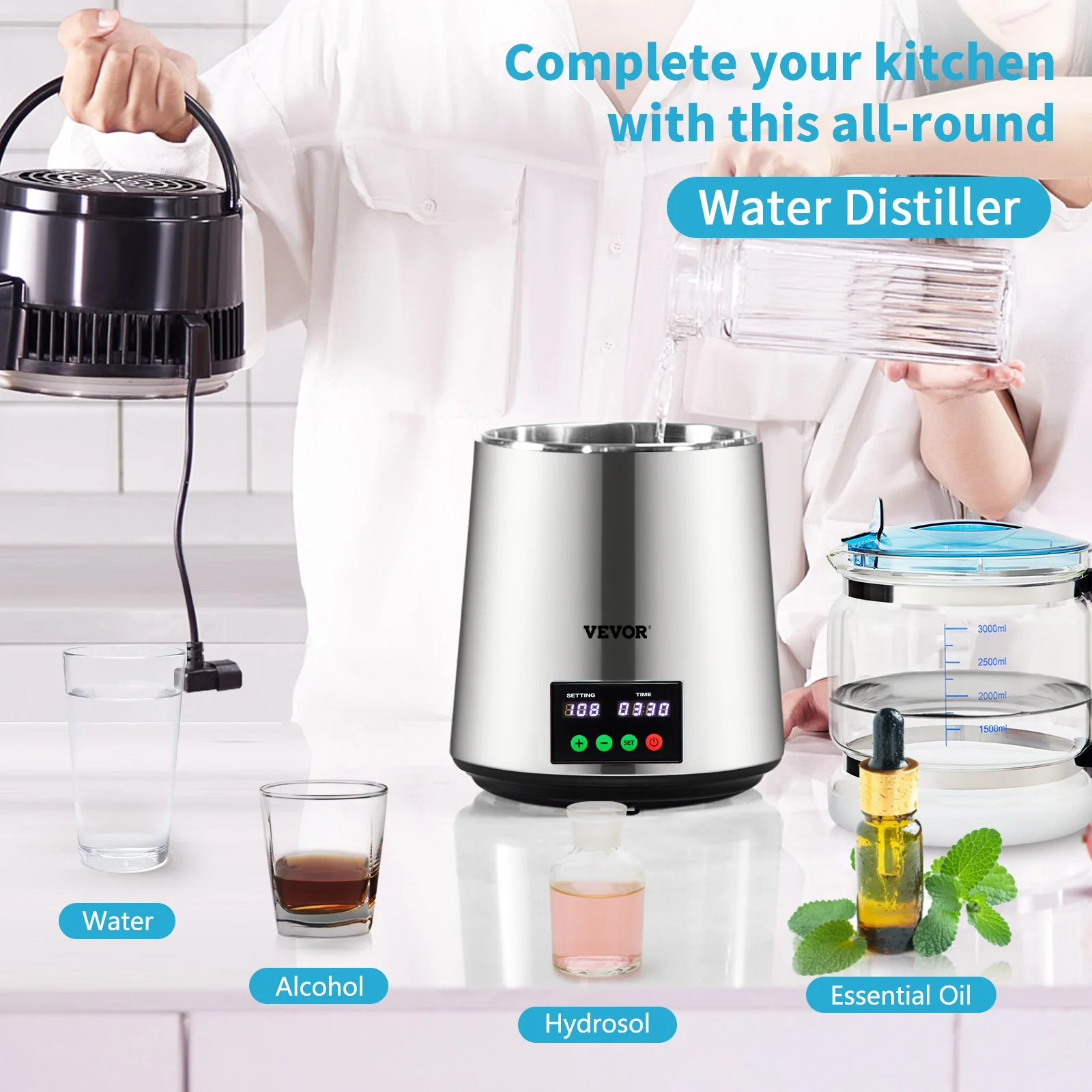 1.1 Gal Water Distiller, 0.3 Gal/H, 750W Distilled Water Maker Machine 0-99H Timing Set Temp Display, 304 Stainless Steel Countertop Distiller Glass Carafe Cleaning Powder 3 Carbon Packs, Silver - Image 10
