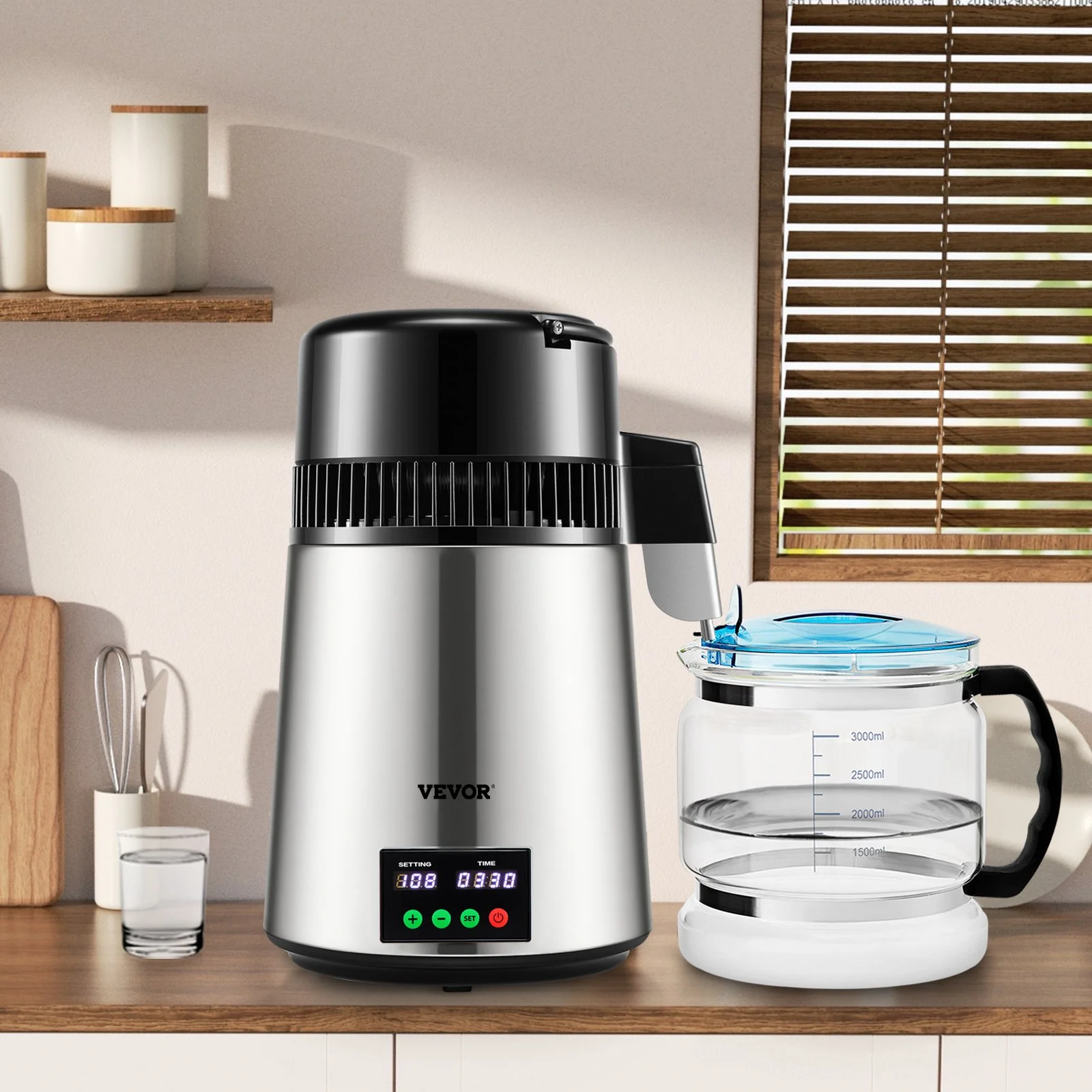 1.1 Gal Water Distiller, 0.3 Gal/H, 750W Distilled Water Maker Machine 0-99H Timing Set Temp Display, 304 Stainless Steel Countertop Distiller Glass Carafe Cleaning Powder 3 Carbon Packs, Silver - Image 5