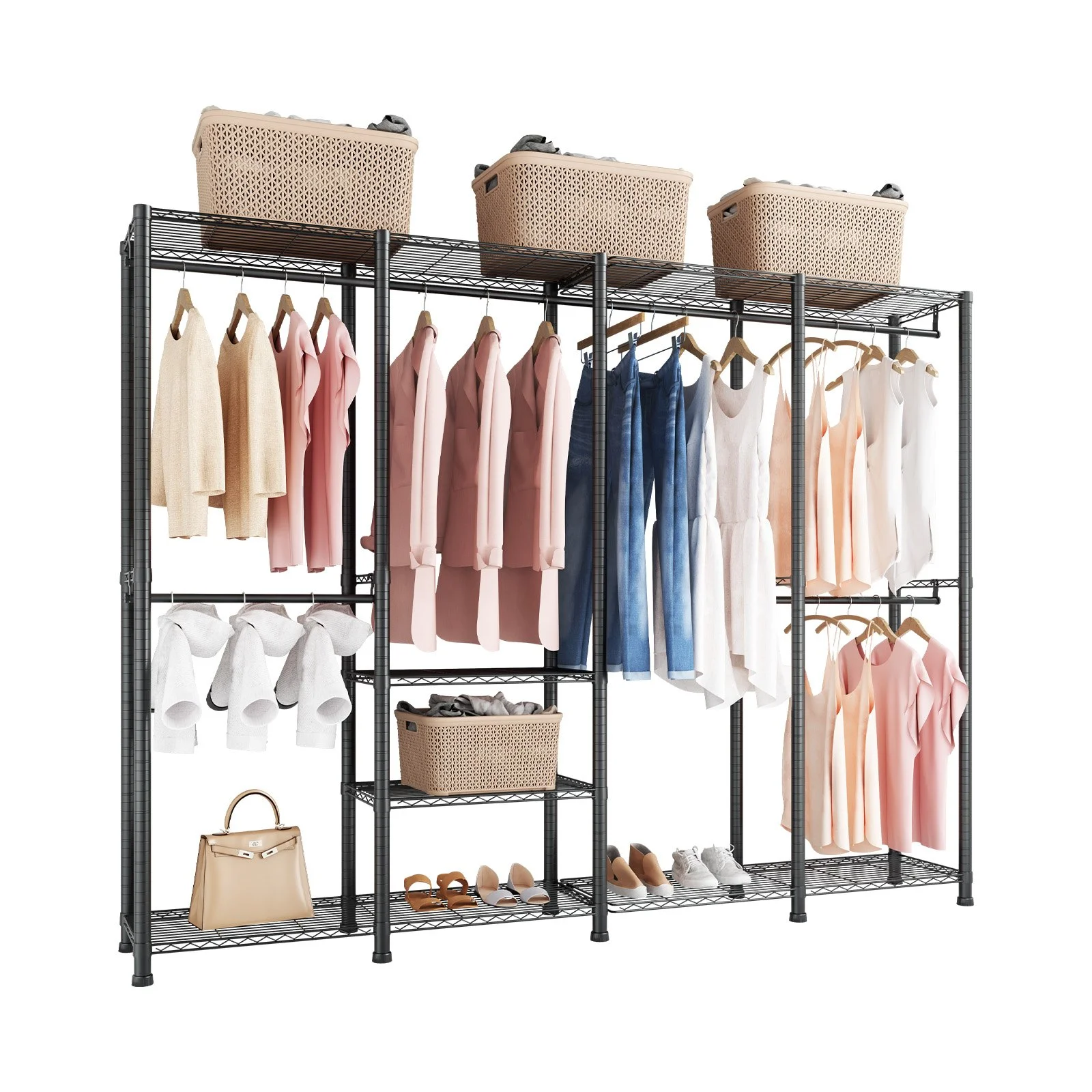 Clothing Garment Rack, Heavy Duty Closet Wardrobe, Adjustable Tiers Clothes Racks with Steel Frame, 1100 lbs Load Capacity Clothes Rack with 4 Hanging Rods for Bedroom, Clothing Store, Hallway