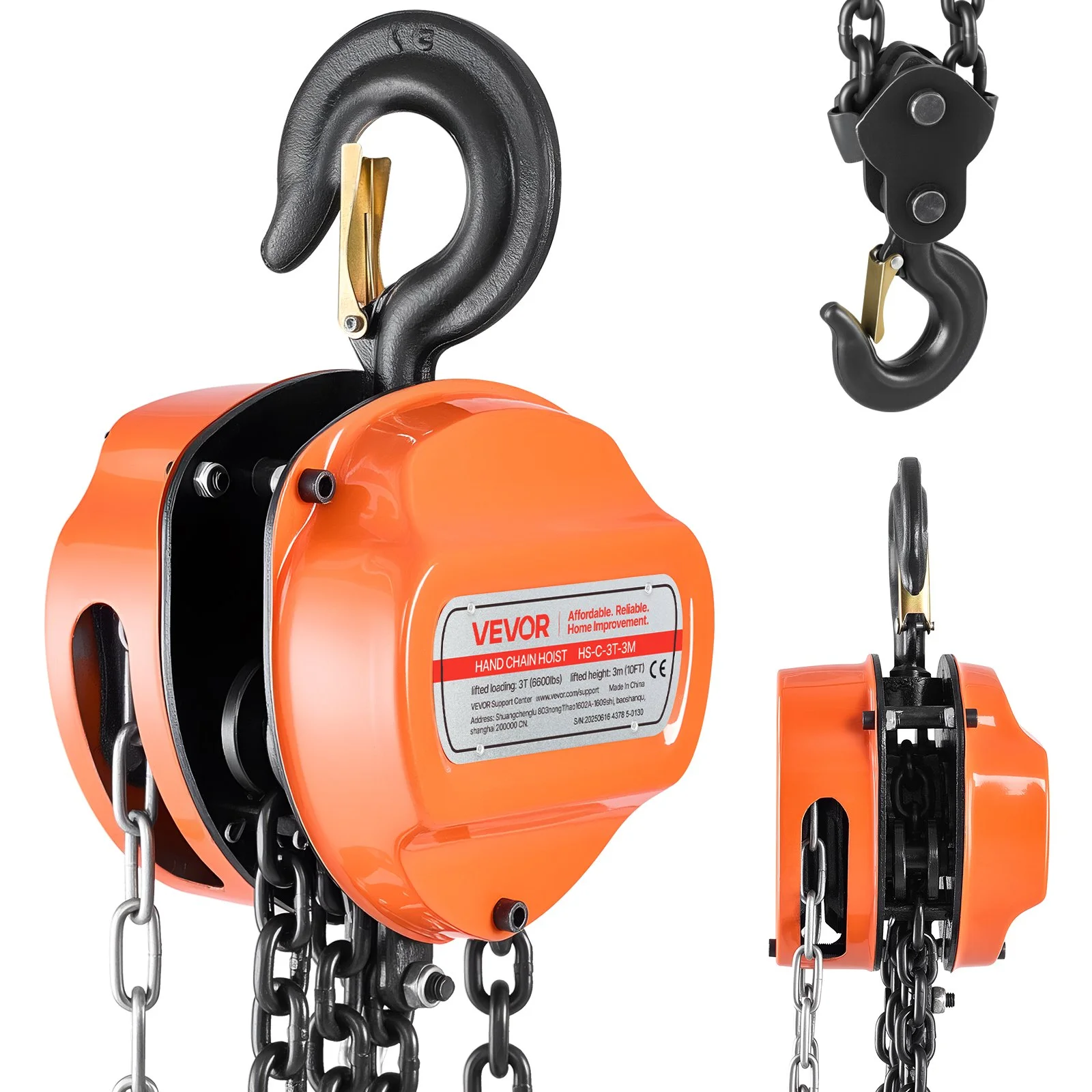 Hand Chain Hoist, 3 Ton 6600 lbs Capacity, Manual Chain Block with Upgrade G80 Galvanized Chain, 10 ft Lifting Height, Heavy Duty Pulley Hoist for Garage Warehouse Automotive Machinery, Orange