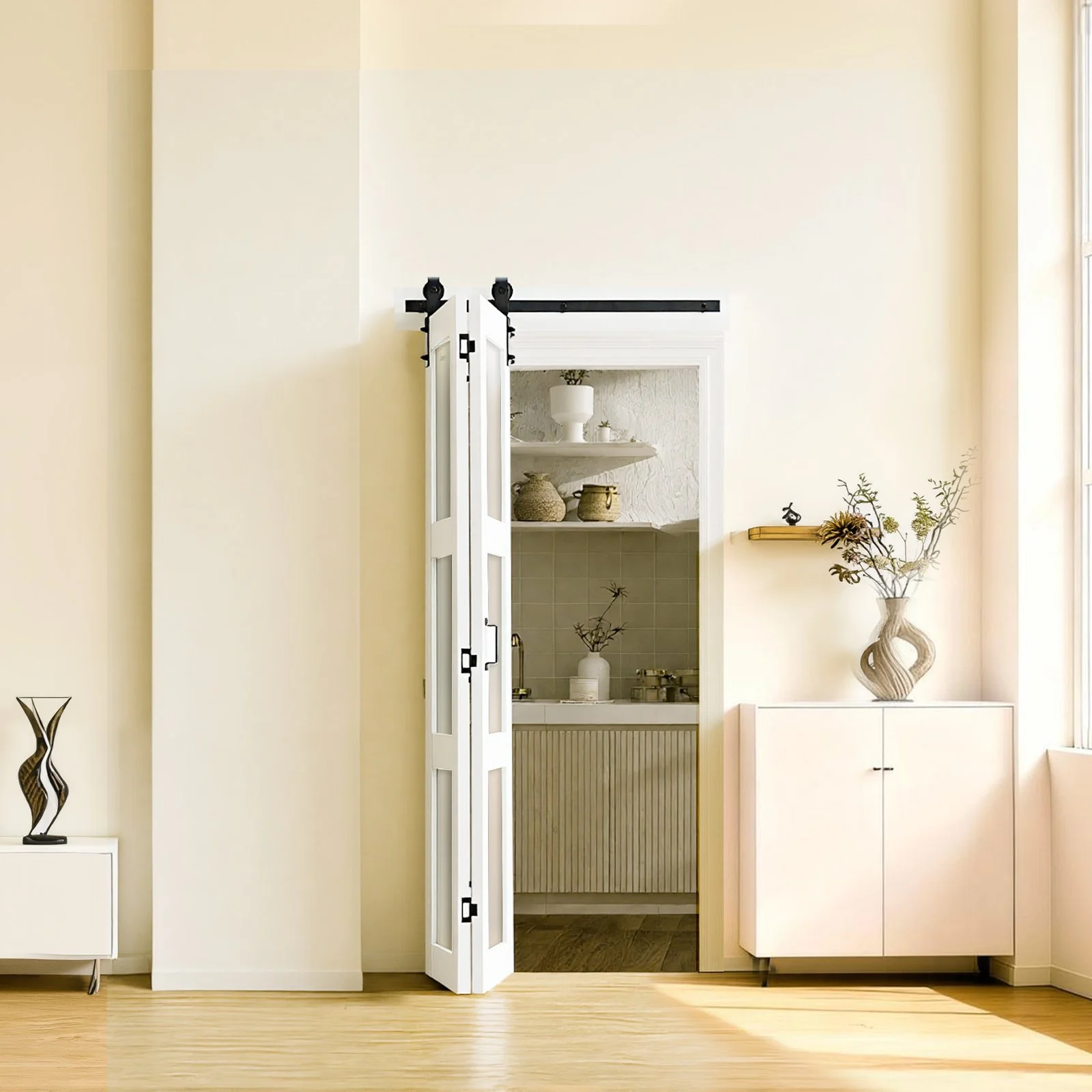 Bifold Barn Door, 36" x 84", MDF with Tempered Glass Bi-Fold Sliding Closet Doors, Hardware Kit Included, Space-Saving Design, Pre-Assembled Panels for Bedroom, Living Room, Wardrobe, White - Image 7