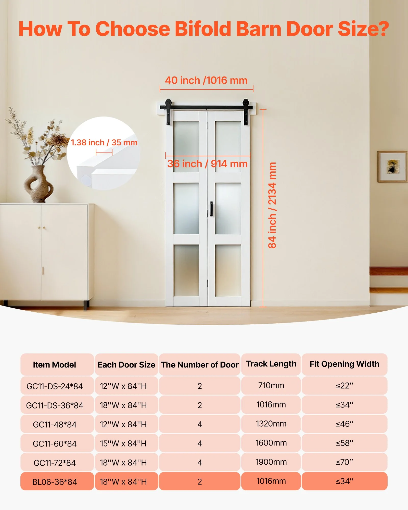 Bifold Barn Door, 36" x 84", MDF with Tempered Glass Bi-Fold Sliding Closet Doors, Hardware Kit Included, Space-Saving Design, Pre-Assembled Panels for Bedroom, Living Room, Wardrobe, White - Image 8