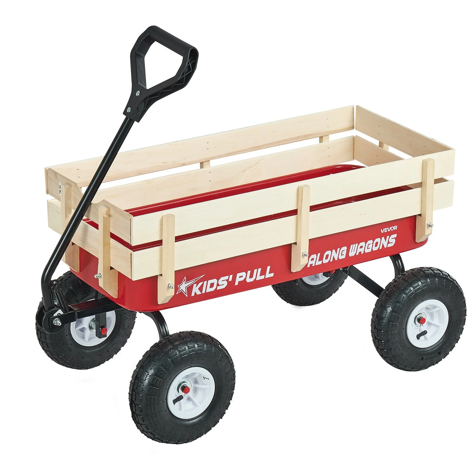 Pull-Along Wagon for Kids, 39 inch Toddler Wagons with Wooden Panels & Handle, Supports up to 330 lbs, All-Terrain Utility Wagon Cart Birthday Present for Kids Gardening Beach, Red