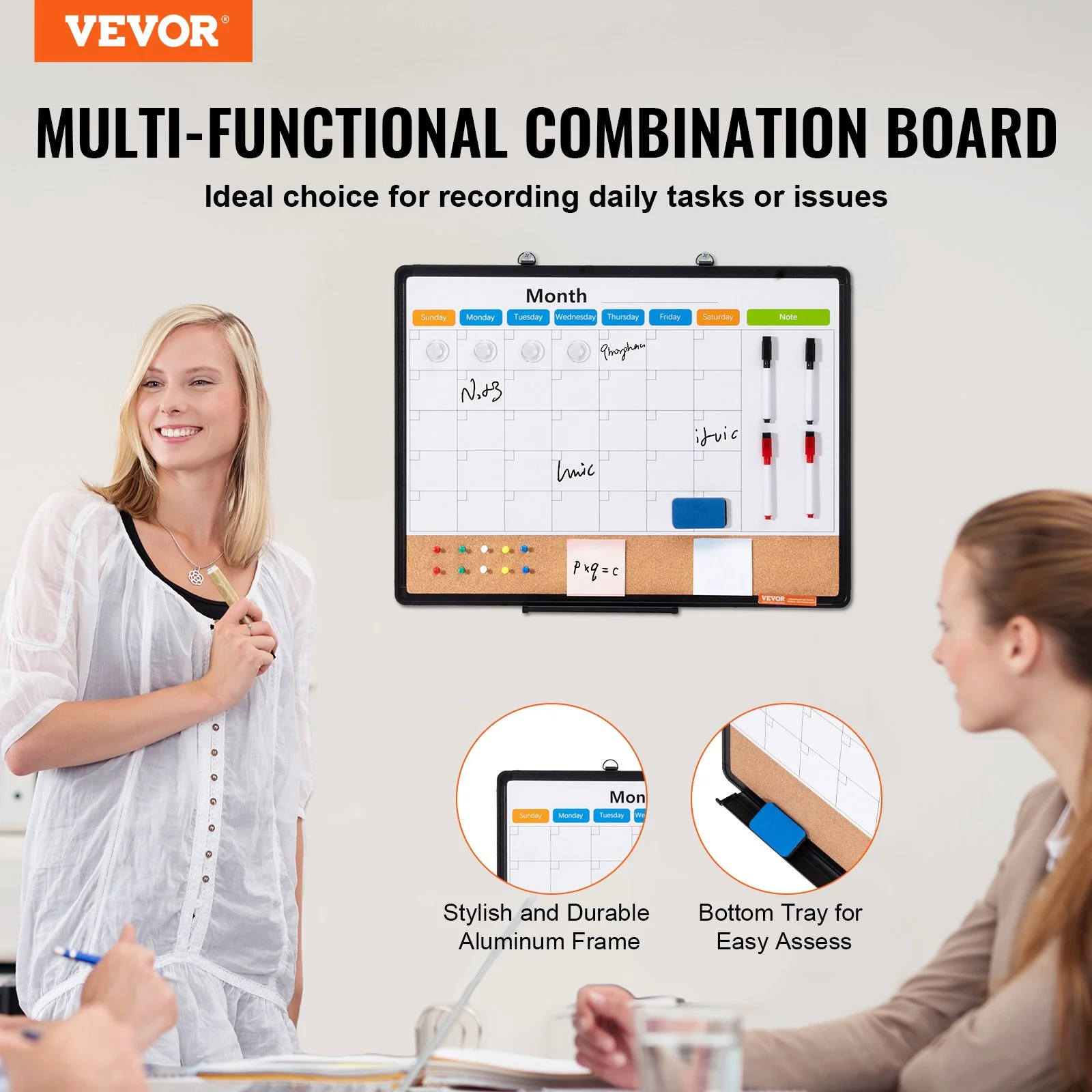 24"x 18" Monthly Calendar Whiteboard & Cork Board Combo with Aluminum Frame – 2-in-1 Magnetic Dry Erase Bulletin Board for Wall Mount – Ideal for School, Home, Office - Image 3