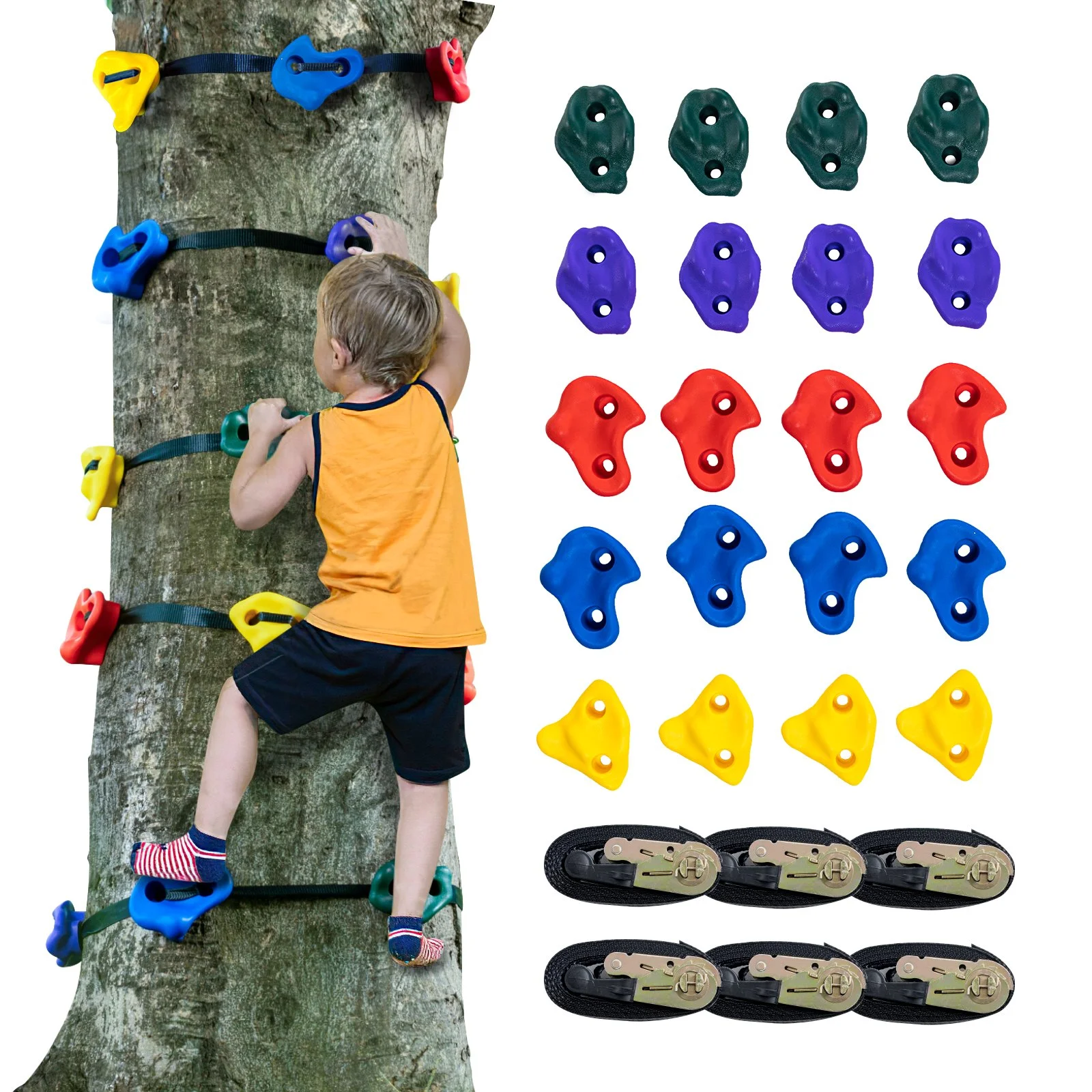 Ninja Tree Climbing Kit, 20 Tree Climbing Holds and 6 Ratchet Straps, Large Climbing Rocks for Kids and Adults Climber, Various Colors and Shapes, for Outdoor Ninja Warrior Obstacle Training