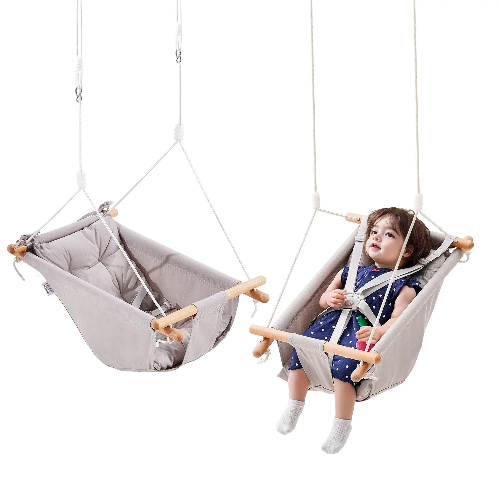 Canvas Hammock Swing, 3 Modes Baby Swing Indoor and Outdoor with 5-Point Harness,  and Tree Straps, 150lbs Weight Capacity, Integrated Cushion, Wooden Hanging Swing Seat for Baby to Toddler