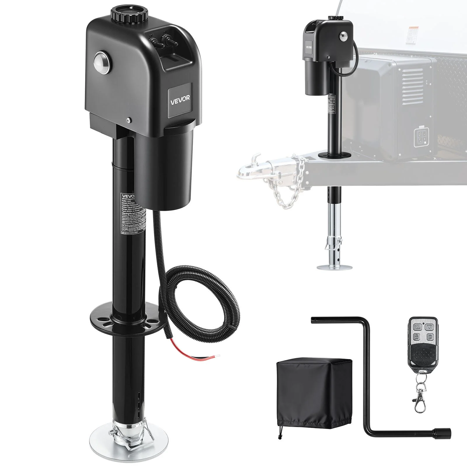 Electric Trailer Jack, 7500 lbs Capacity, Electric Power Tongue Jack with Waterproof Protective Cover & LED Light for Travel Trailer, Camper, RV, 9.84-27.84 in Lift, 12V DC with Wiring, Black