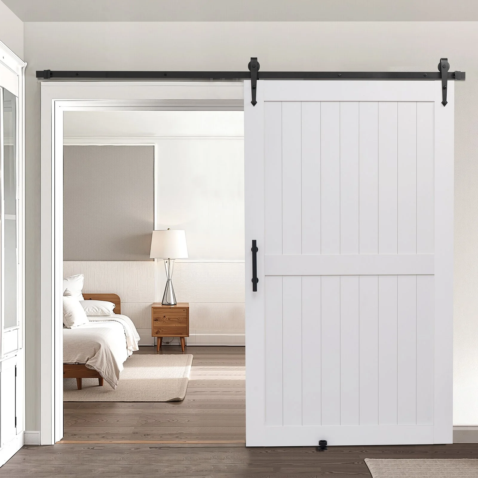 Sliding Barn Door, 48 x 84 inch, High-Strength MDF Panel, Barn Door with Hardware Kit, Water-Proof PVC Surface, Easy to Install, H-Frame, Smoothly and Quietly Sliding for Living Room, Bathroom