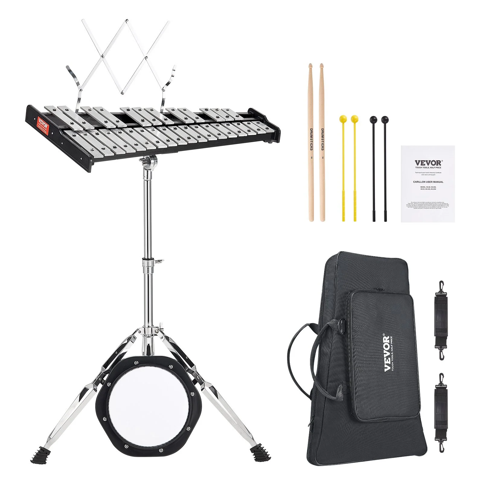 30 Note Glockenspiel Xylophone Bell Kit, Professional Percussion Instrument Set with Mallets, Drum Sticks, Music Stand,  8" Practice Pad, Adjustable Stand and Carrying Bag for Students & Adults