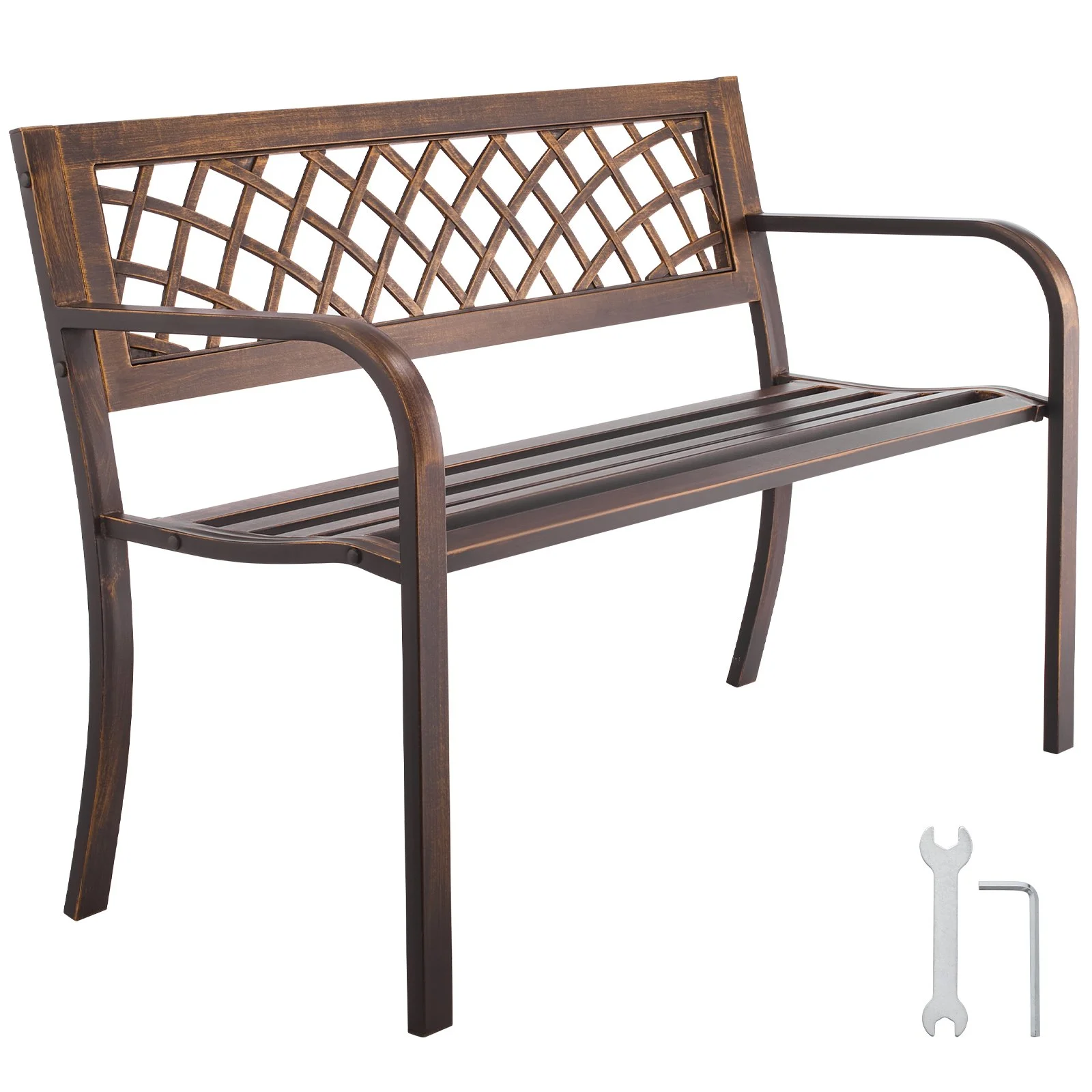 Outdoor Bench, 46 inch, Carbon Steel Metal Frame with PVC Mesh Pattern Backrest and Round Edge Armrests, Weatherproof Outside Bench for Patio, Garden, Park, Yard, Front Porch, Antique Bronze