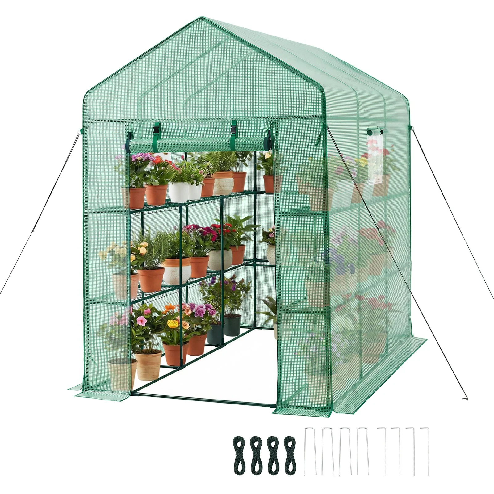 Walk-in Green House, 54 x 81.1 x 77.2 in, Greenhouse with Shelves, High Strength PE Cover with Zipper Door and Steel Frame, Assembly in Minutes, Suitable for Planting and Storage