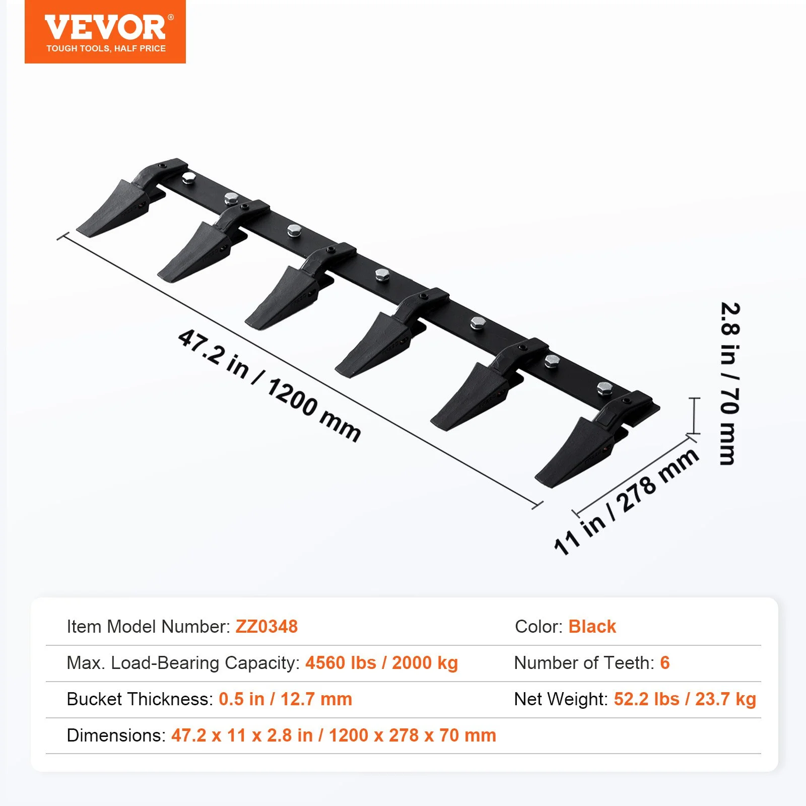Bucket Tooth Bar, 48'', Heavy Duty Tractor Bucket 6 Teeth Bar for Loader Tractor Skidsteer, 4560 lbs Load-Bearing Capacity Bolt On Design, for Efficient Soil Excavation and Bucket Protection - Image 11
