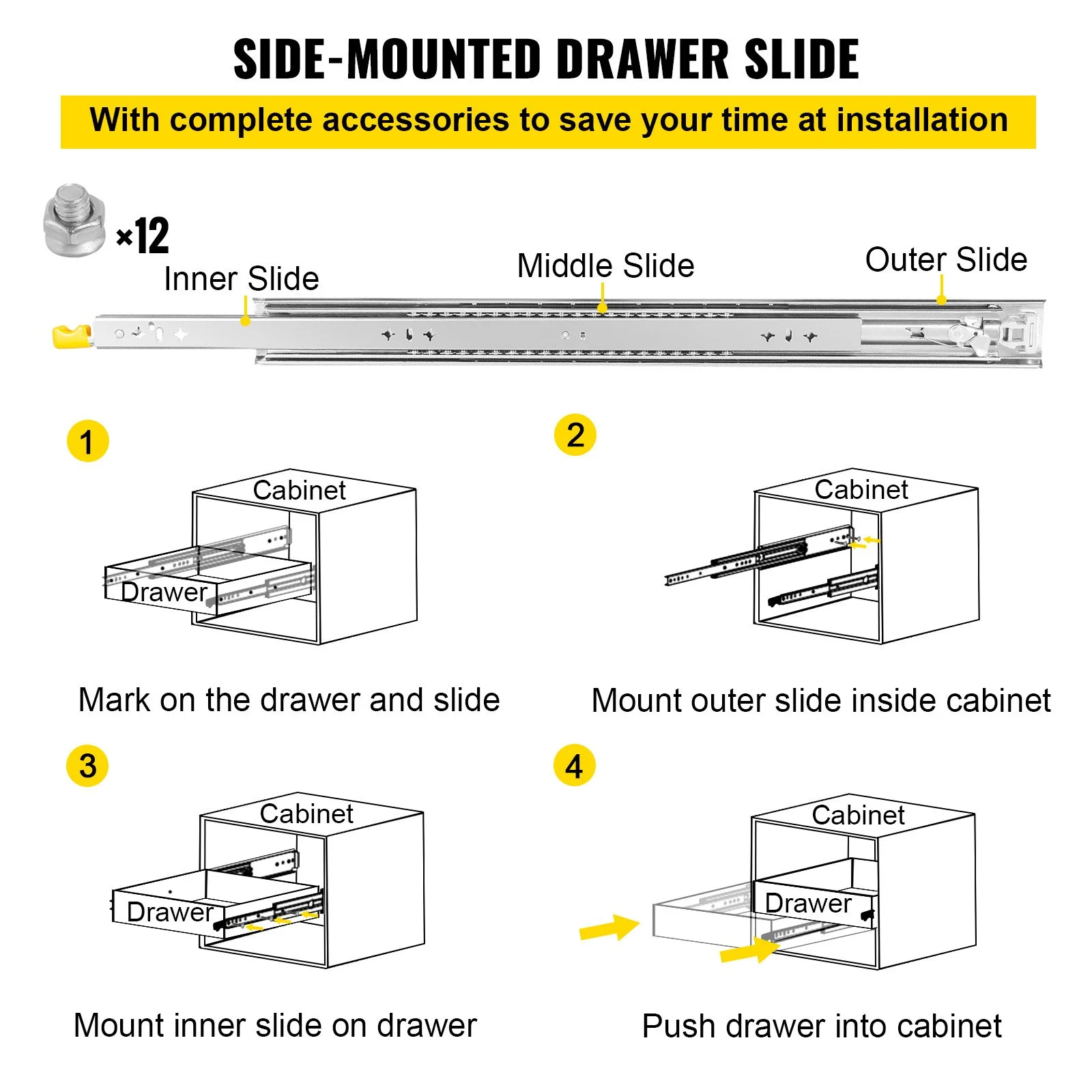 Heavy Duty Drawer Slides 2PCS Drawer Slides 36" Locking Drawer Slides 250LBS Capacity Heavy Duty Slides Three Section Full Extension Drawer Slide Cold-Rolled Steel Industrial Drawer Slides - Image 8