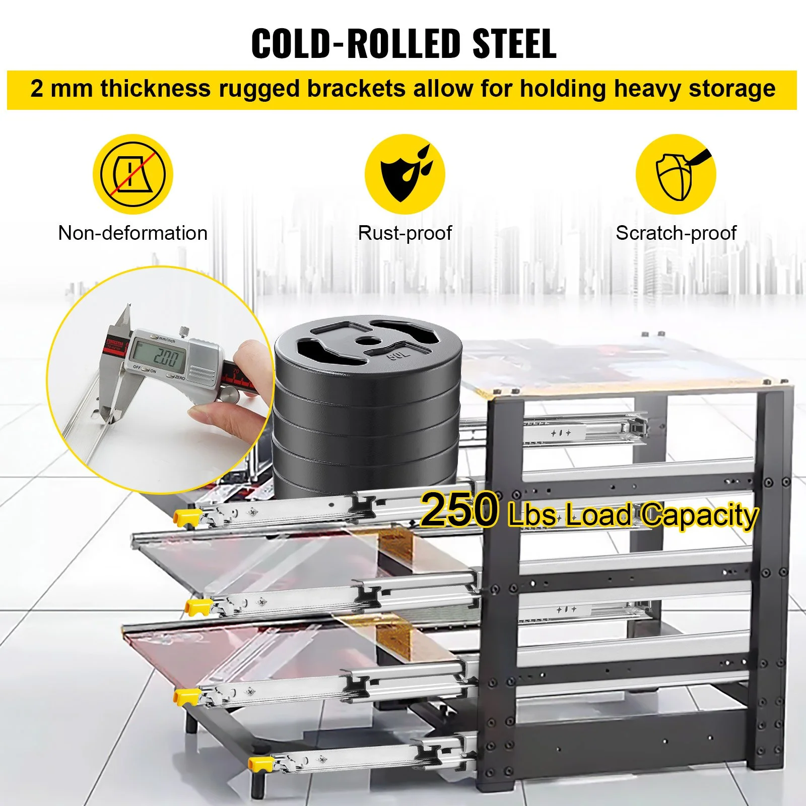 Heavy Duty Drawer Slides 2PCS Drawer Slides 36" Locking Drawer Slides 250LBS Capacity Heavy Duty Slides Three Section Full Extension Drawer Slide Cold-Rolled Steel Industrial Drawer Slides - Image 6