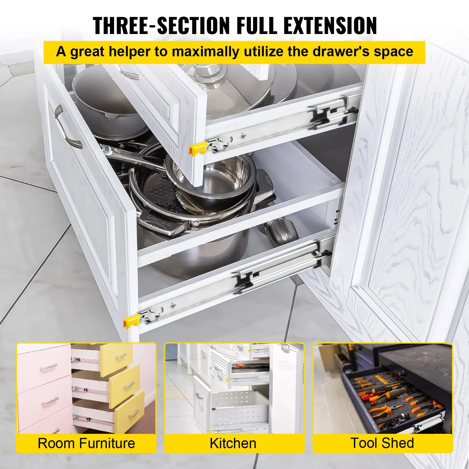 Heavy Duty Drawer Slides 2PCS Drawer Slides 36" Locking Drawer Slides 250LBS Capacity Heavy Duty Slides Three Section Full Extension Drawer Slide Cold-Rolled Steel Industrial Drawer Slides - Image 4