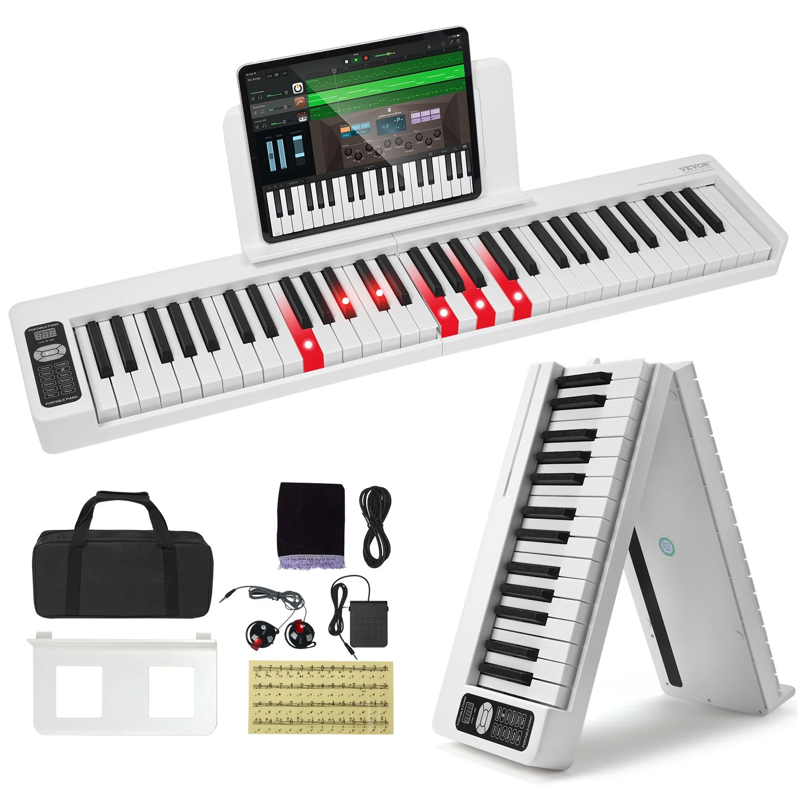 61 Key Folding Keyboard Piano, Bluetooth & MIDI, Portable Electronic Digital Foldable Piano with Sustain Pedal Touch Sensitive Lighted Keys Bag, Rechargeable for Beginners Teens Adults, White