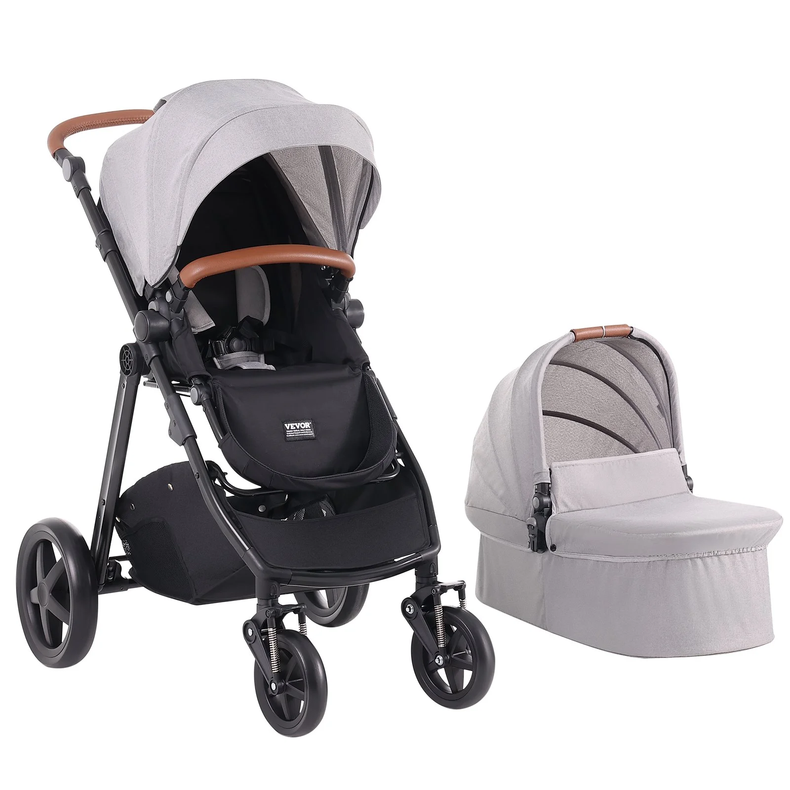 Travel System Stroller with Infant Bassinet, 2-in-1 Baby Cradle Stroller Combo, Reversible Seat, Easy One-button Folding, EVA Tires with Brake Aluminum Stroller Carseat Combo Set (Light Gray)