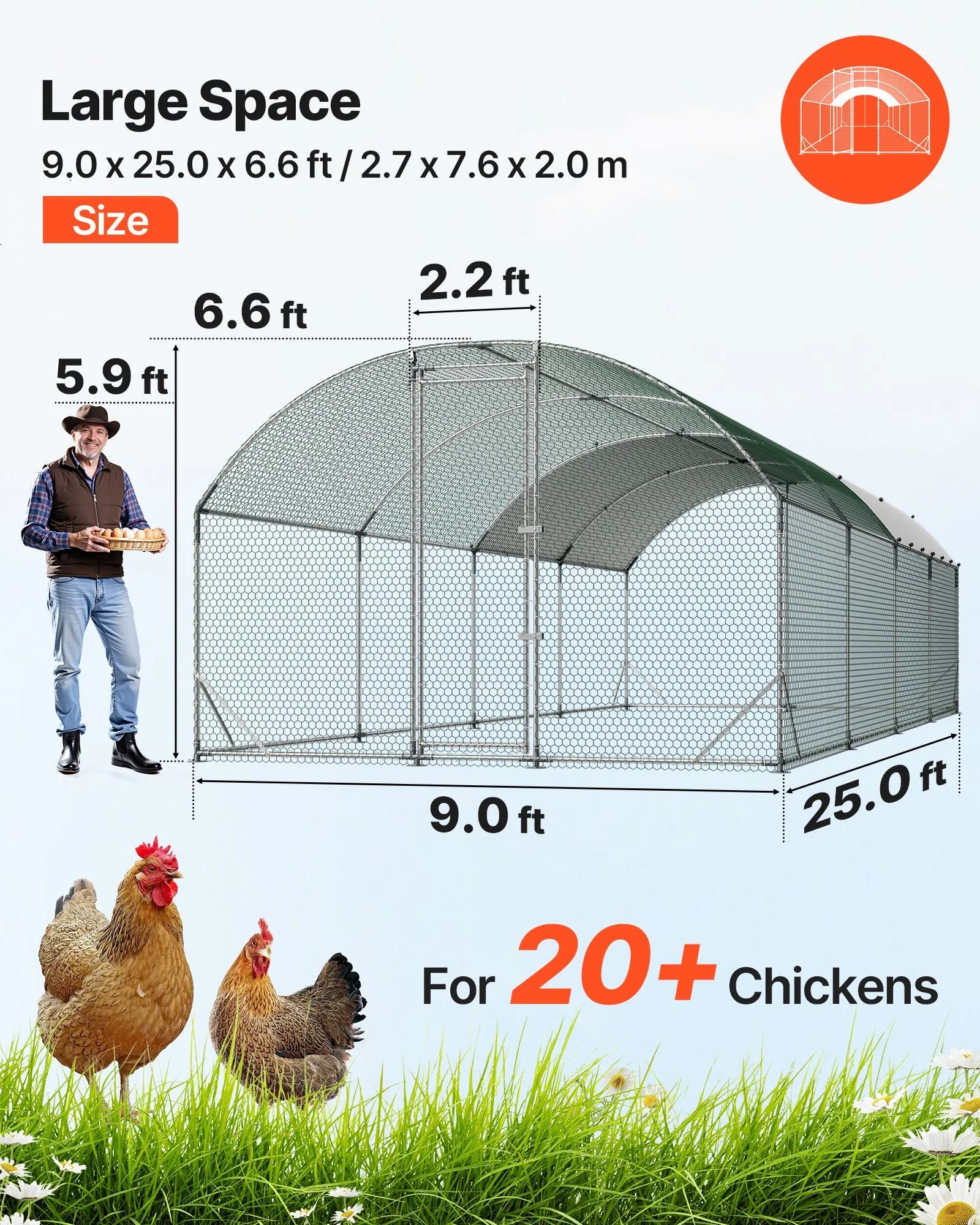 Large Metal Chicken Coop, 9 x 25 x 6.6 ft, Walk-in Chicken Run House with Waterproof Cover & Sturdy Frame, Dome Roof Poultry Cage Duck Pen for Rabbit Hen Goose Outdoor Backyard Farm Use - Image 5