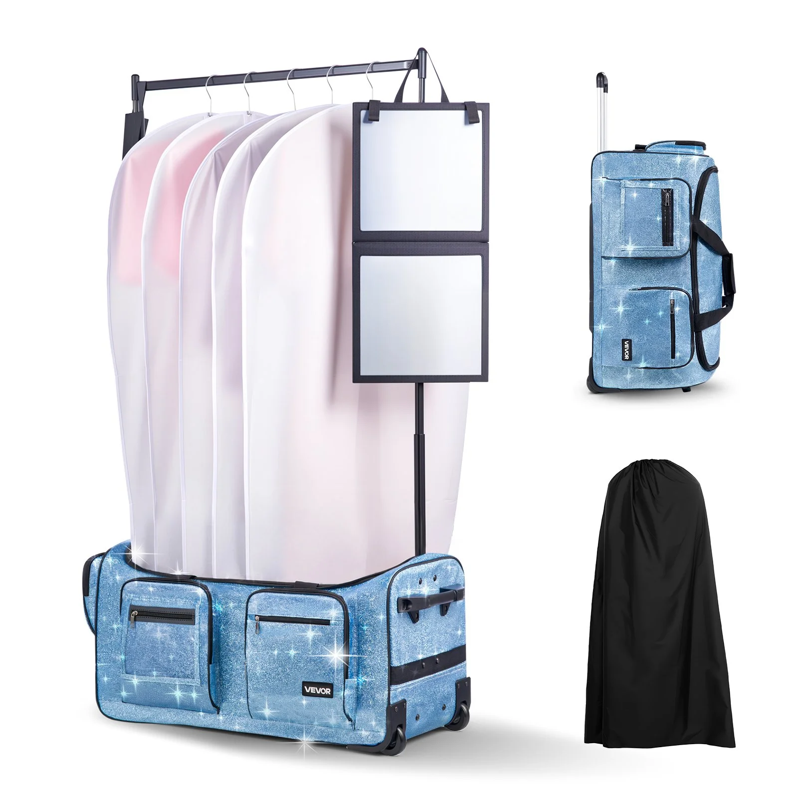 Dance Bag with Garment Rack, 29 Inch Rolling Dance Duffel, with Wheels, USB Port, Height Adjustable Clothes Rack, Privacy Protection Curtain, Ideal for Travel and Competitions, Sparkling Blue
