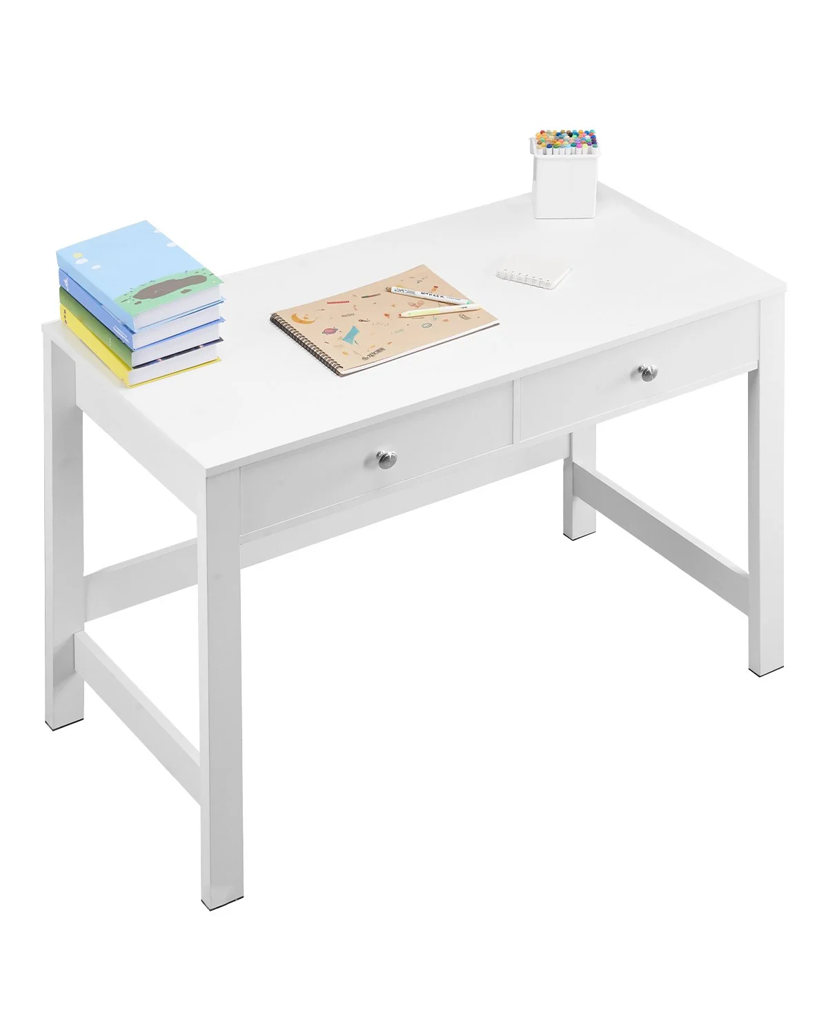 Small Desk with Drawers, Kids Desk for Bedroom, Modern Simple Study Table for Drawing, Reading, Writing, Rectangle MDF Furniture Study Storage Table for Home, Office, White