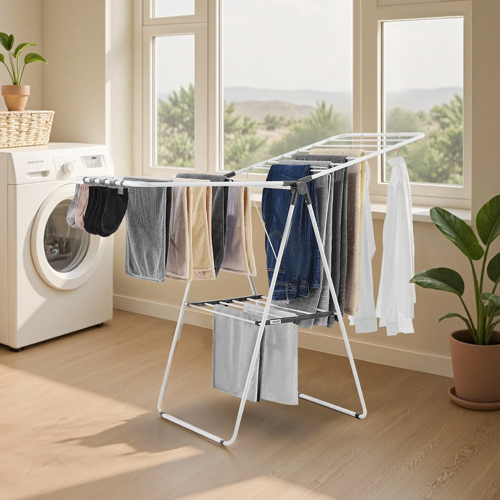Clothes Drying Rack, 2-Tier Foldable Laundry Dryer Rack with Sock Clips & 21 Drying Rods, Metal Height Adjustable Drying Racks for Outdoor & Indoor, Free-Standing & Space-Saving Hanger, White - Image 8