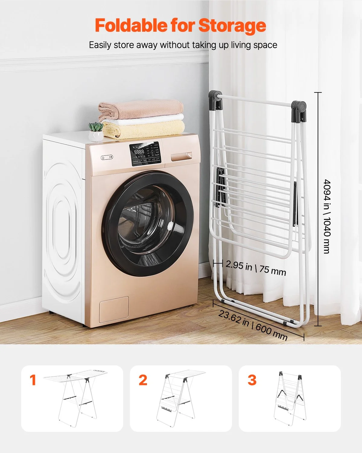 Clothes Drying Rack, 2-Tier Foldable Laundry Dryer Rack with Sock Clips & 21 Drying Rods, Metal Height Adjustable Drying Racks for Outdoor & Indoor, Free-Standing & Space-Saving Hanger, White - Image 6