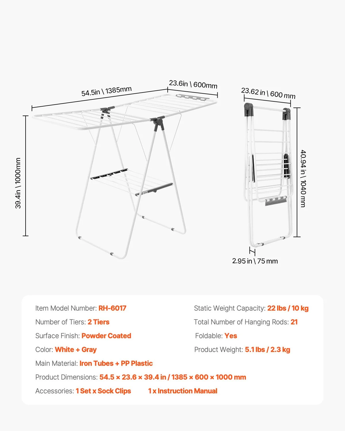 Clothes Drying Rack, 2-Tier Foldable Laundry Dryer Rack with Sock Clips & 21 Drying Rods, Metal Height Adjustable Drying Racks for Outdoor & Indoor, Free-Standing & Space-Saving Hanger, White - Image 7