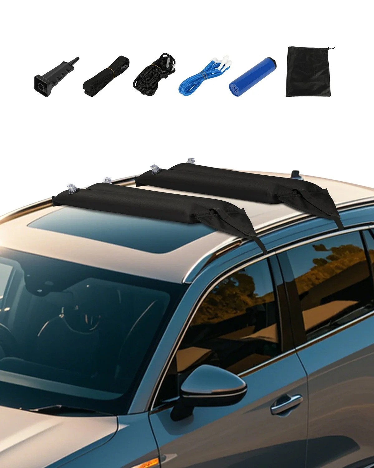 Inflatable Soft Roof Rack Bars, 37.6-Inch Universal Car Roof Rack Pads, 88LBS Loading Luggage Kayak Carrier with 2 Tie-Down Straps & Ropes, Hand Air Pump, Storage Bag for Canoes Surfboards SUPs