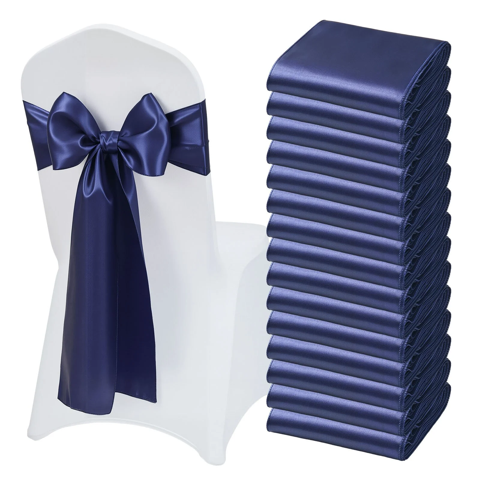 Satin Chair Sashes Bows, 50PCS Chair Ribbon Ties Back Sash, 7 x 108 inch, Navy Blue Wedding Reception Decoration, for Wedding Ceremony Baby Shower Party Events Banquet Chair Cover Decoration