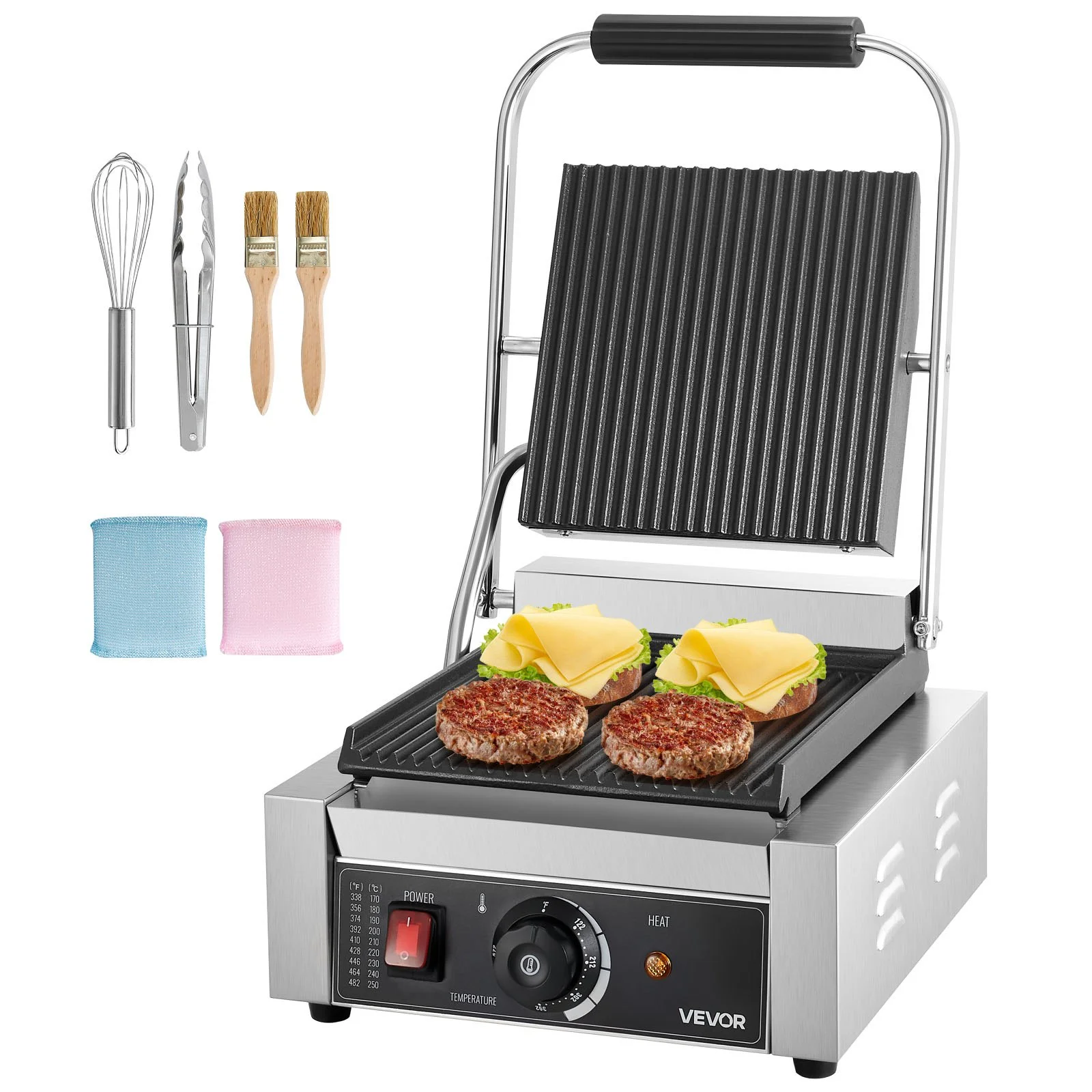 Commercial Panini Grill, 1800W Electric Sandwich Panini Maker, Stainless Steel Sandwich Press Grill, Panini Grill with Temp Control & 9"x9" Full Grooved Enamel Plate for Hamburger Steak Bacon