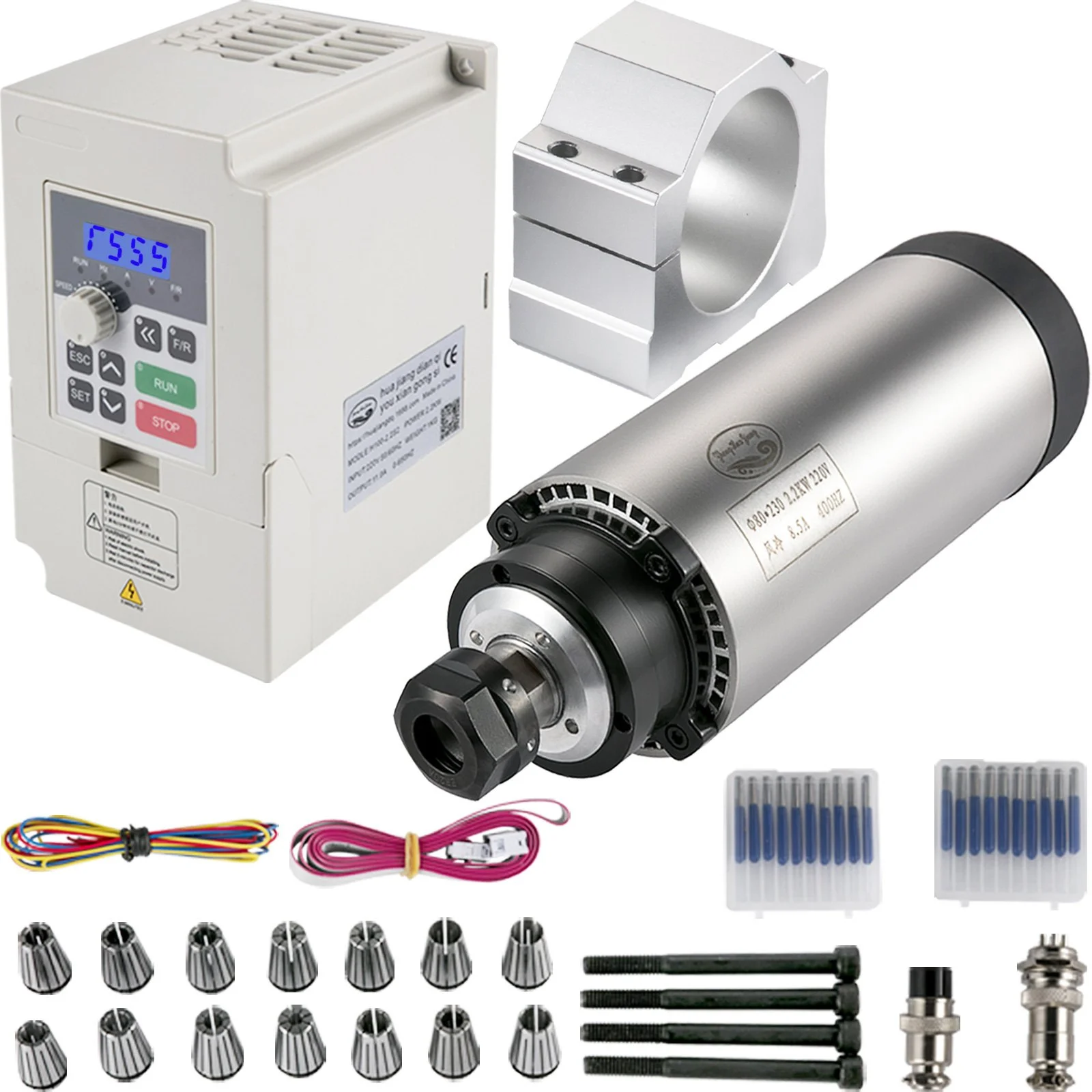 CNC Spindle Motor Kits Air Cooled Spindle Motor 220V VFD 2.2KW Clamp 80 mm