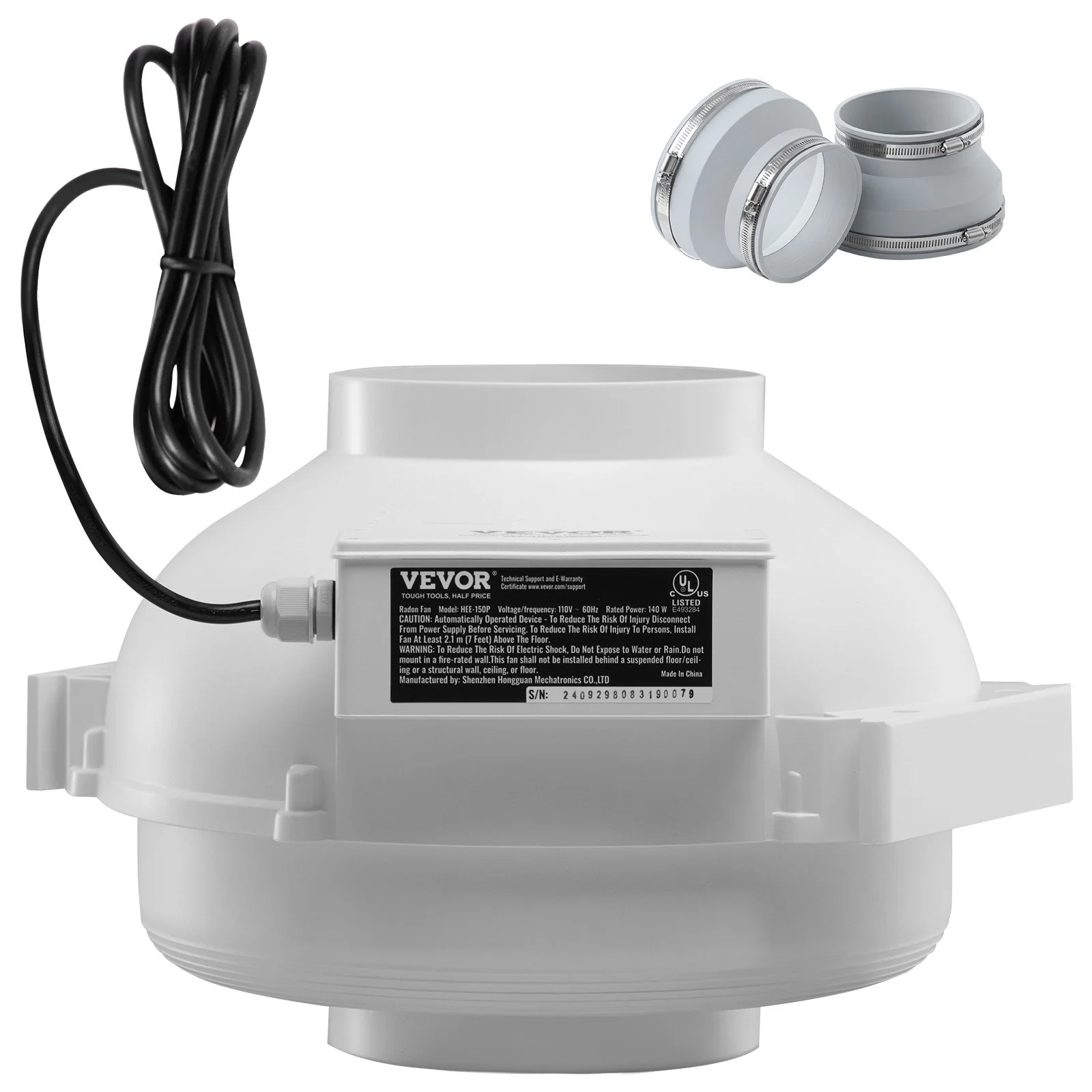 4 to 4.5 inch Radon Mitigation Fan System, Quiet 380 CFM Radon Mitigation Kit with 2 Couplers, Waterproof Radon Fan Electric Inline Duct Fan Exhaust Fan for Indoor Outdoor Ventilation