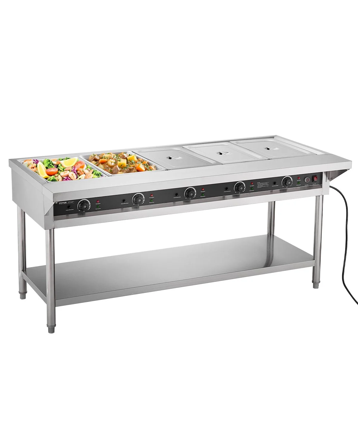 5-Pan Commercial Food Warmer, Electric Steam Table with Independent Temperature Control, 750W x 5 Stainless Steel Buffet Catering Food Warmer with Undershelf and Workspace, for Restaurant