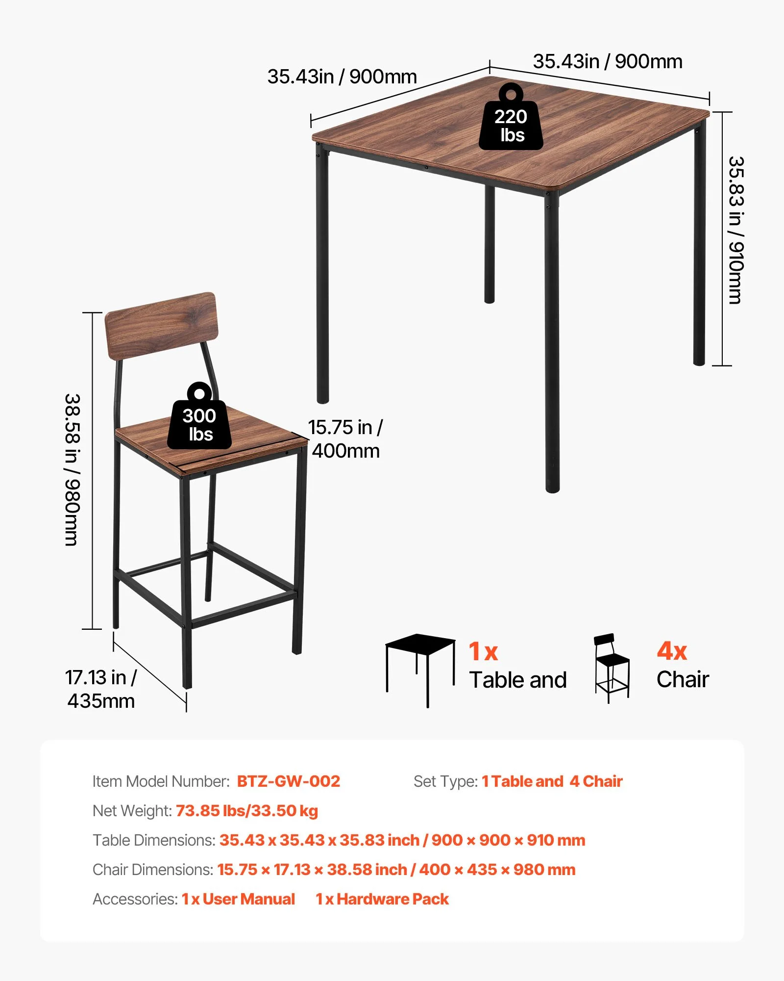 Bar Table, 5PCS 35″ Bars Tables Set, Bar Tables and Chair Set with Rounded Edge Design, Square Pub Table with Four Stools for Living Room, Dining Room, Kitchen, Walnut Color, Black - Image 3