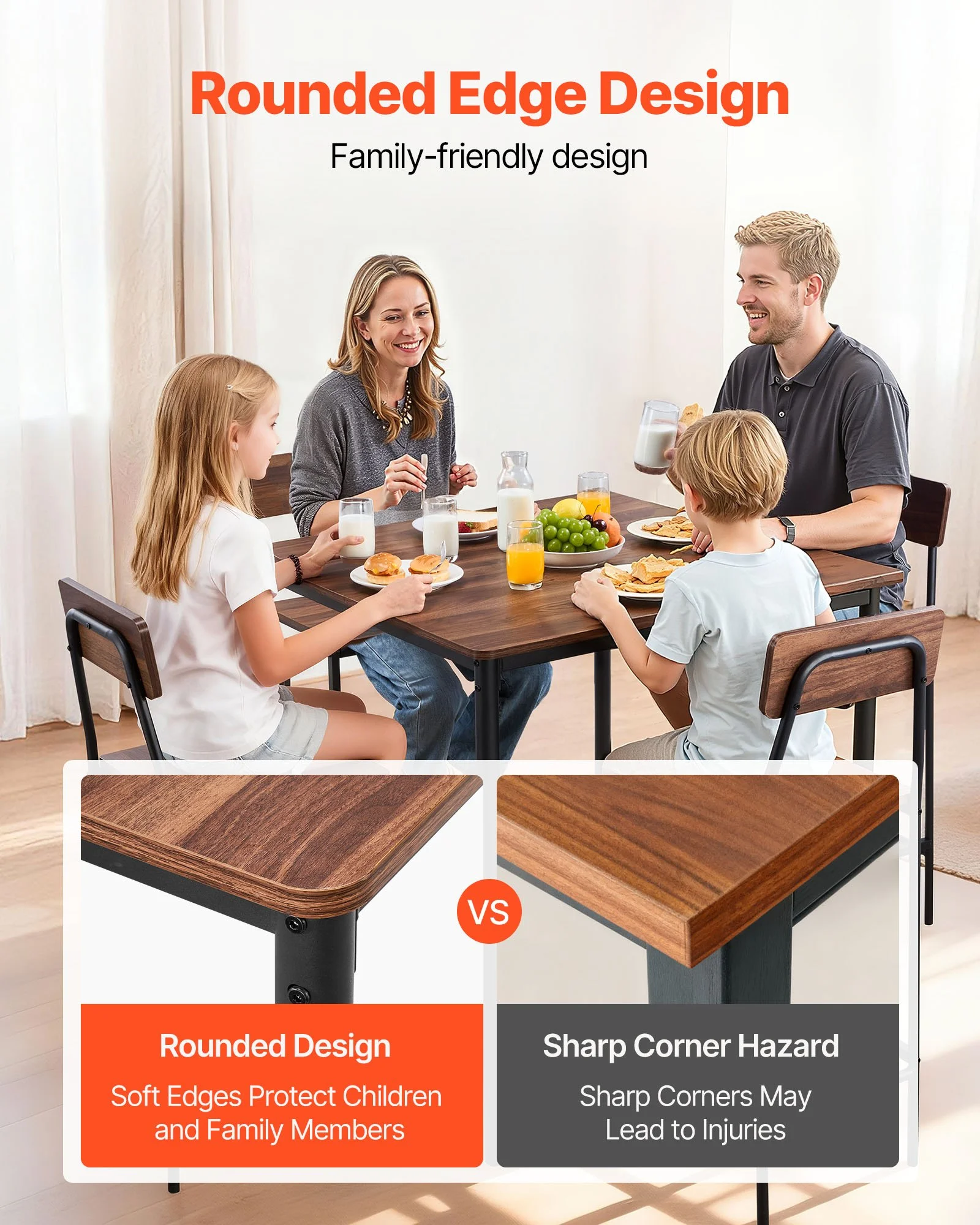Bar Table, 5PCS 35″ Bars Tables Set, Bar Tables and Chair Set with Rounded Edge Design, Square Pub Table with Four Stools for Living Room, Dining Room, Kitchen, Walnut Color, Black - Image 6