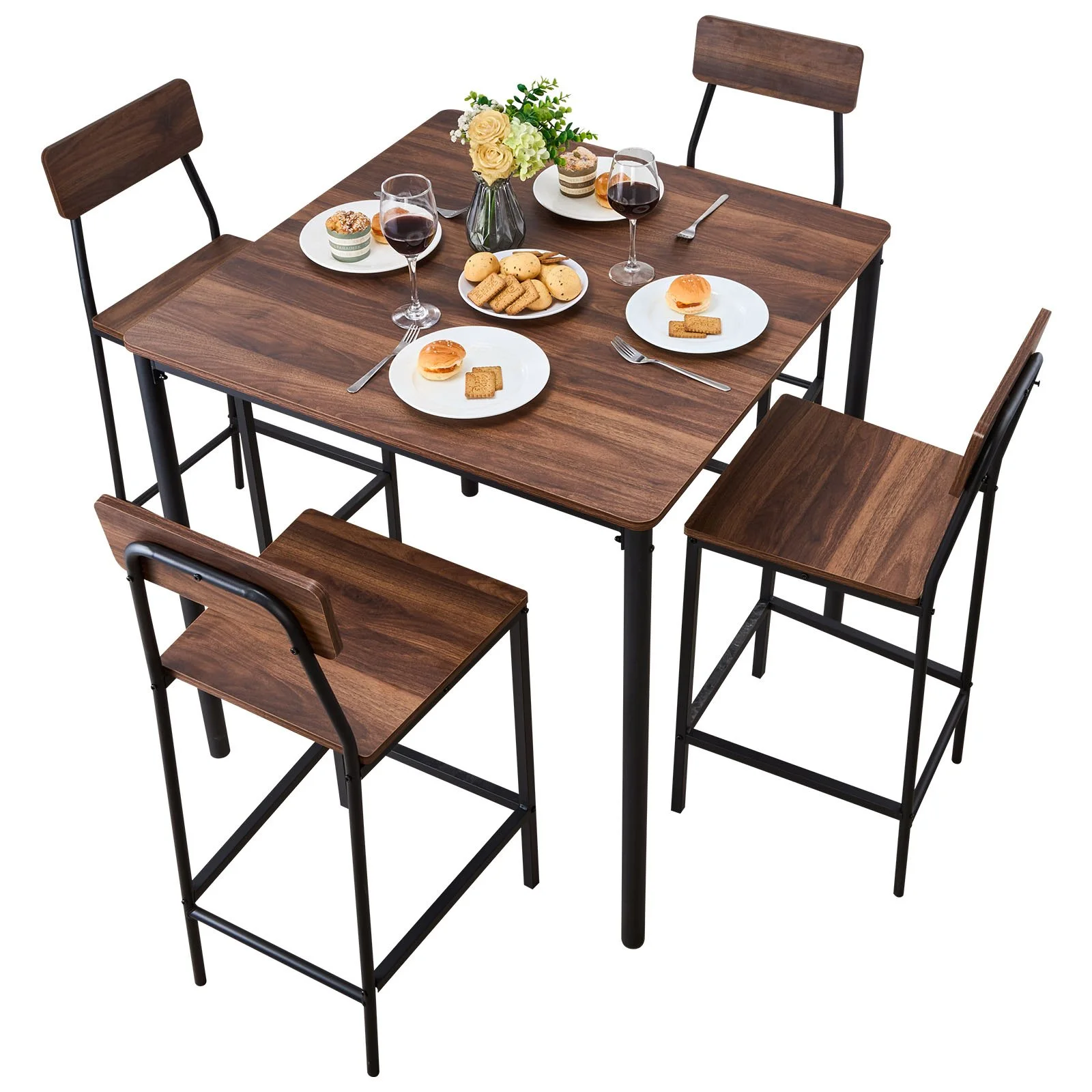 Bar Table, 5PCS 35″ Bars Tables Set, Bar Tables and Chair Set with Rounded Edge Design, Square Pub Table with Four Stools for Living Room, Dining Room, Kitchen, Walnut Color, Black - Image 11