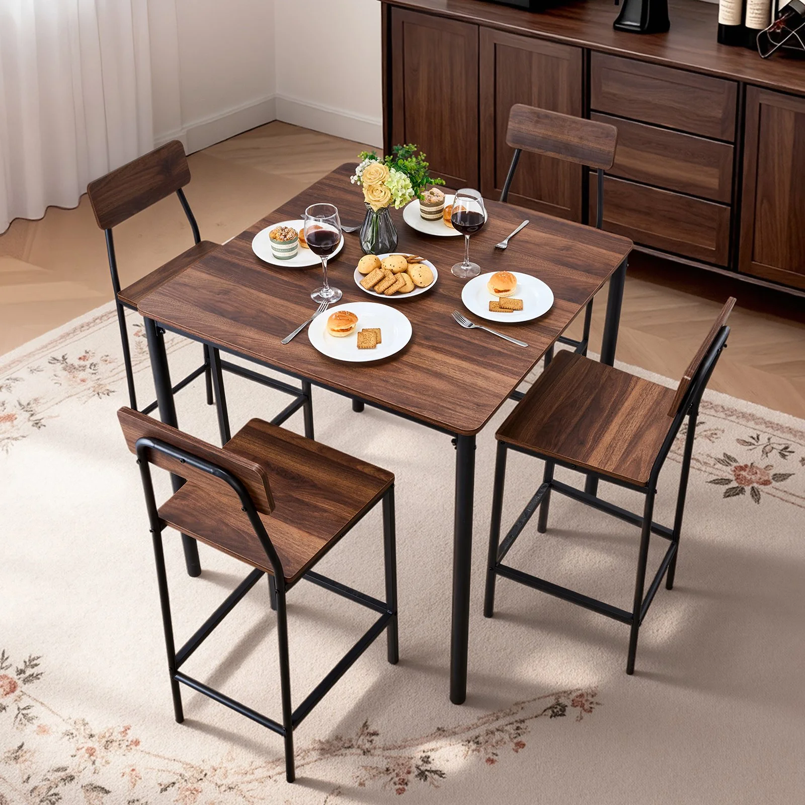 Bar Table, 5PCS 35″ Bars Tables Set, Bar Tables and Chair Set with Rounded Edge Design, Square Pub Table with Four Stools for Living Room, Dining Room, Kitchen, Walnut Color, Black - Image 8