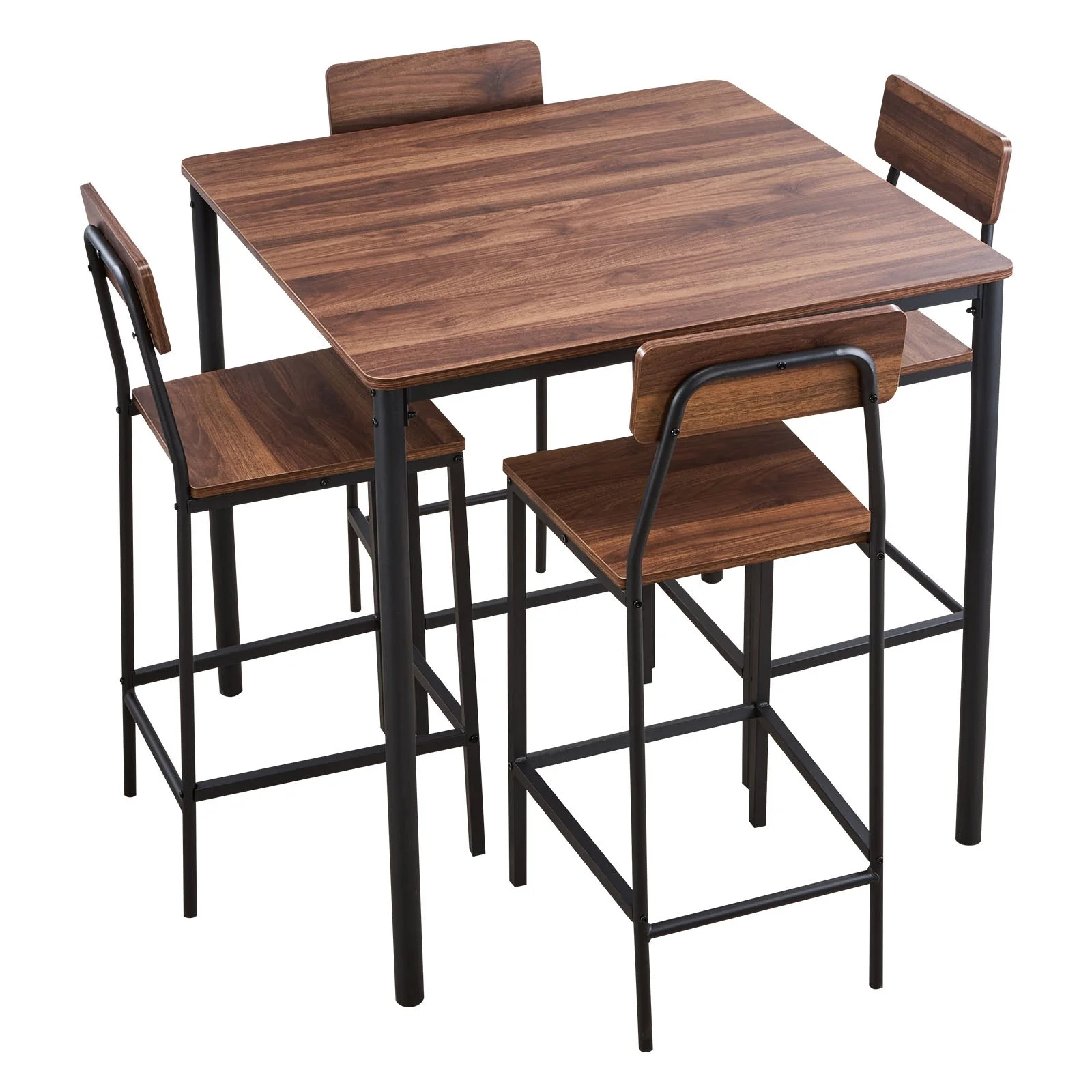 Bar Table, 5PCS 35″ Bars Tables Set, Bar Tables and Chair Set with Rounded Edge Design, Square Pub Table with Four Stools for Living Room, Dining Room, Kitchen, Walnut Color, Black - Image 9