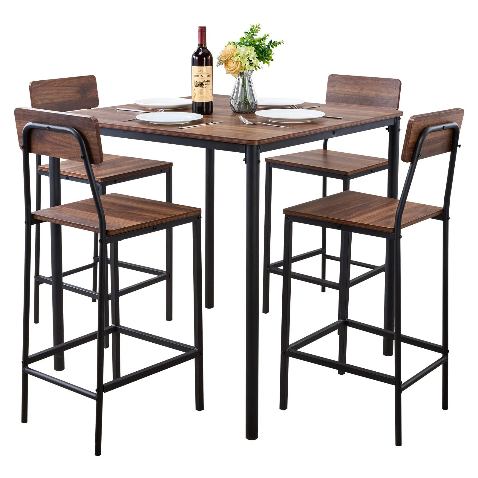 Bar Table, 5PCS 35″ Bars Tables Set, Bar Tables and Chair Set with Rounded Edge Design, Square Pub Table with Four Stools for Living Room, Dining Room, Kitchen, Walnut Color, Black - Image 10