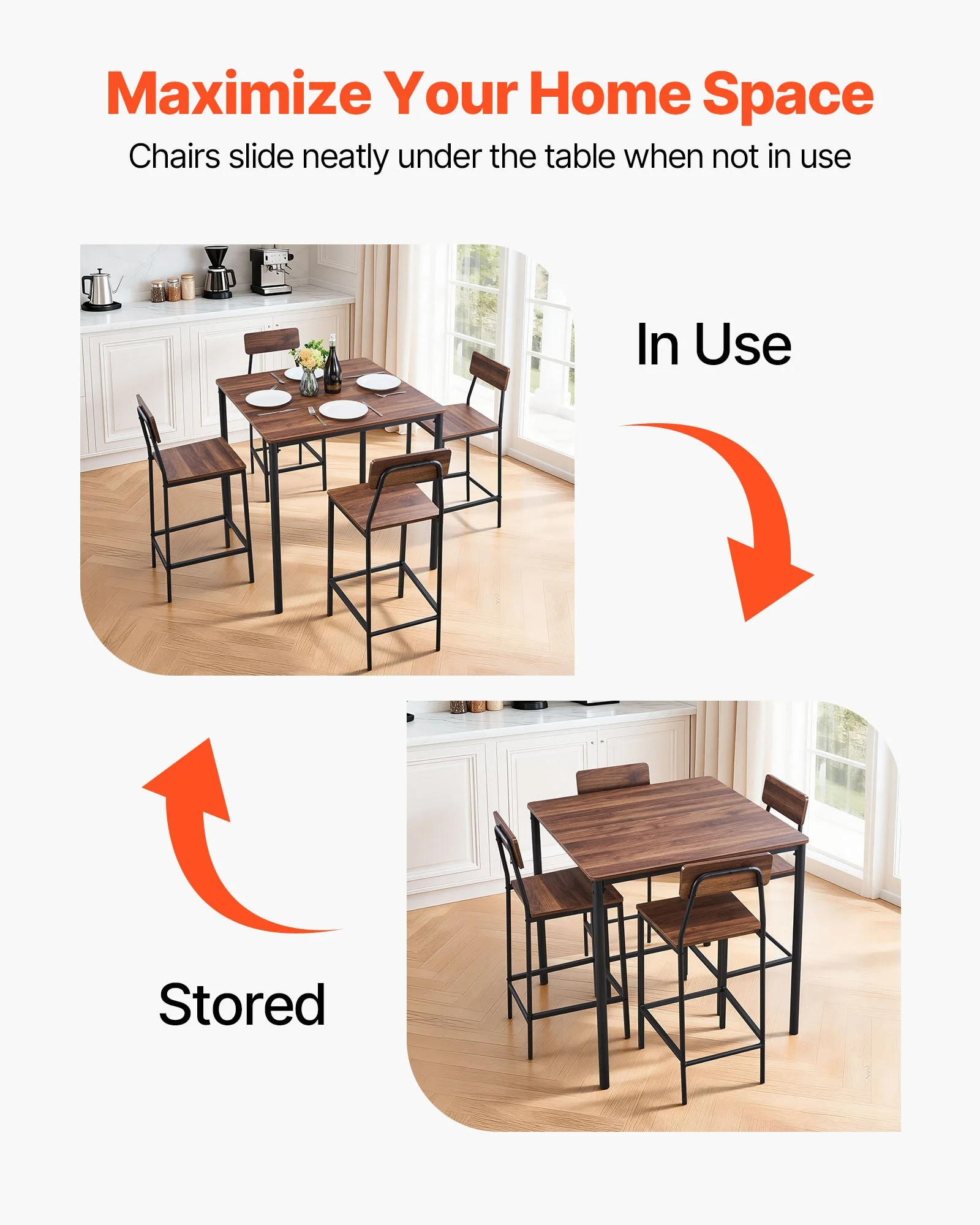 Bar Table, 5PCS 35″ Bars Tables Set, Bar Tables and Chair Set with Rounded Edge Design, Square Pub Table with Four Stools for Living Room, Dining Room, Kitchen, Walnut Color, Black - Image 5