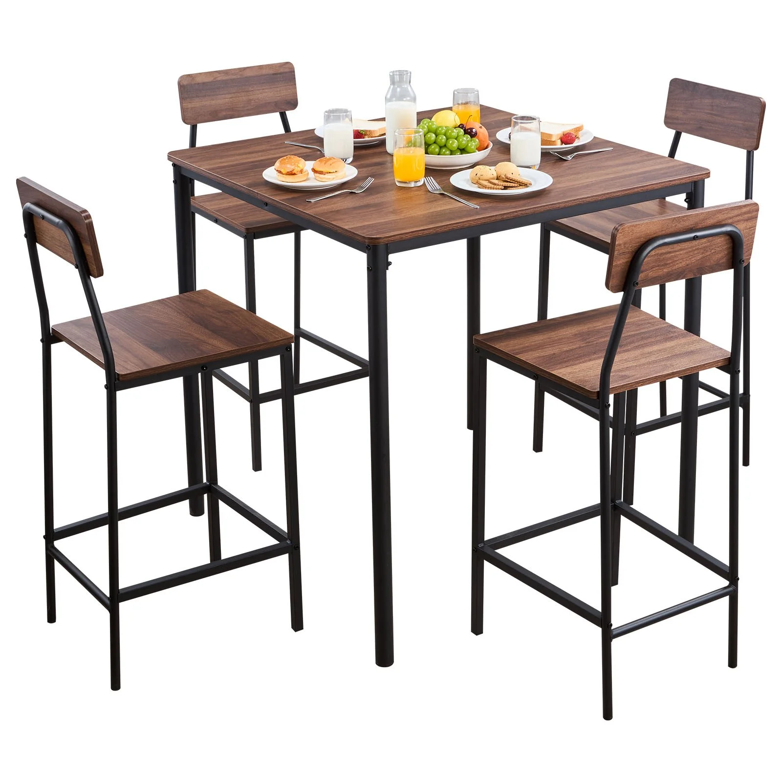 Bar Table, 5PCS 35″ Bars Tables Set, Bar Tables and Chair Set with Rounded Edge Design, Square Pub Table with Four Stools for Living Room, Dining Room, Kitchen, Walnut Color, Black - Image 12